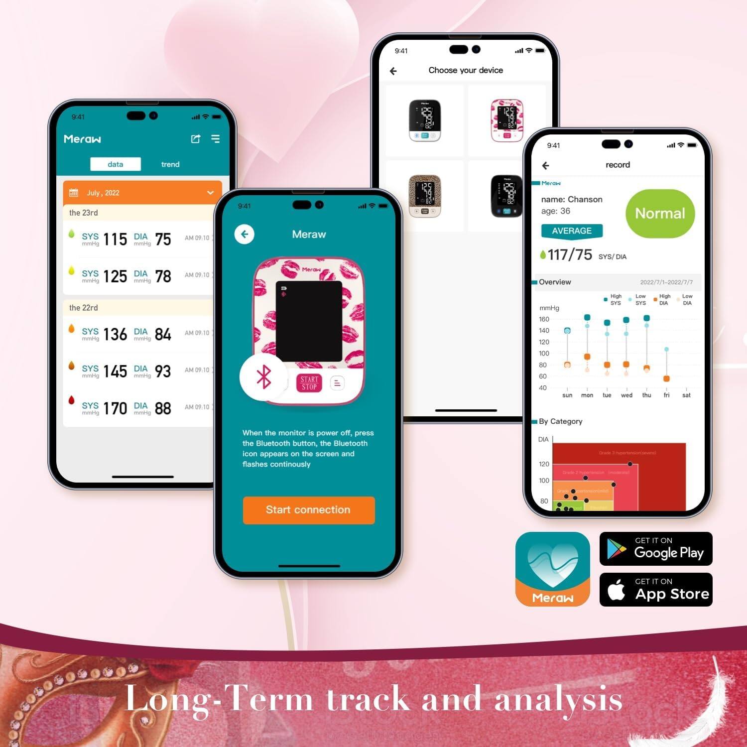 9:41 i Choose your device
9:41 i Meraw
9:41 i data
9:41 i record
July 2022
the 23rd
SYS 115
DIA 75
meveng
meet
SYS 125
DIA 78
mmdto
AM 09:10
Meraw
name: Chanson
age: 36
Normal
AVERAGE
117/75
SVI
DIA
Overview
2022/2/1-2020/2/7
the 22rd
SYS 136
DIA 84
munia
eng
SYS 145
DIA 93
mming
mming
SYS 170
DIA 88
mmig
mn
AM
- AM
140
120
100
- 7
40
4l
sum
man
By Category
DM 120
High
Lew
SrS
STS
-u
wes
t
High
DA
-n
i
-A
s
100
Start connection
8O
CET
1 ON
Google Play
Meraw
GET
T ON
App Store
Long-Term track and analysis