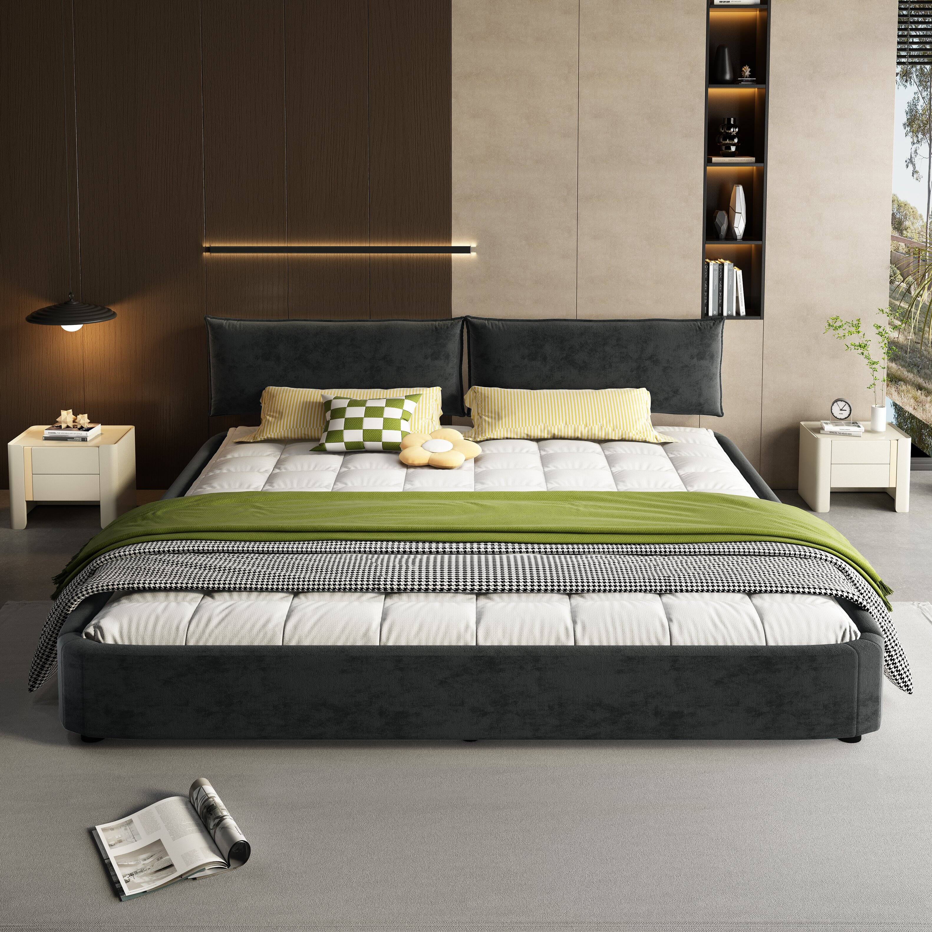 Alt View 2. LOVMOR - King Size Cloud Bed Frame with Oversized Padded Movable Headboard Chenille Upholstered Bed with Round CornerMetal Solid - Black.