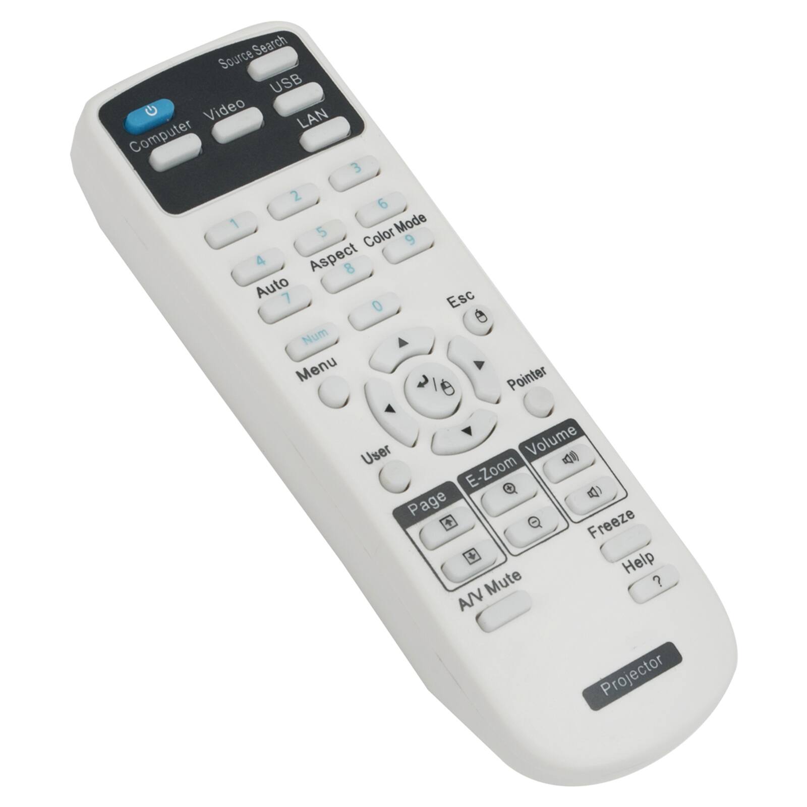 Search Source USB G Video LAN Computer 3 2 6 1 5 Mode Color 9 4 Aspect 8 Auto 7 Esc 0 Num Menu Pointer User Volume E-Zoom Page + Freeze + Help Mute ? A/V Projector
