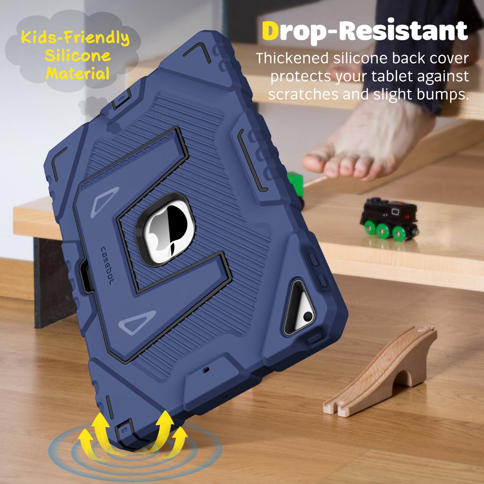 Kids-Friendly Silicone Material  
Drop-Resistant  
Thickened silicone back cover protects your tablet against scratches and slight bumps.