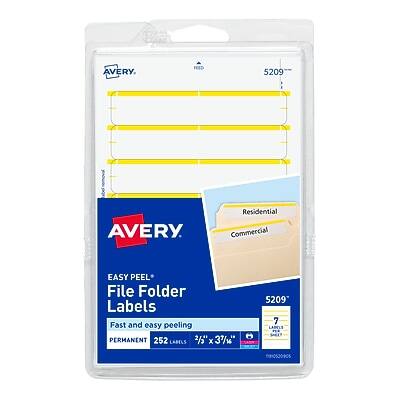 AVERY  
FEED 5209  
Residential Commercial  
EASY PEEL File Folder Labels  
Fast and easy peeling  
PERMANENT  
252 LABELS  
2/3 x 3 7/8  
5209  
7 LABELS