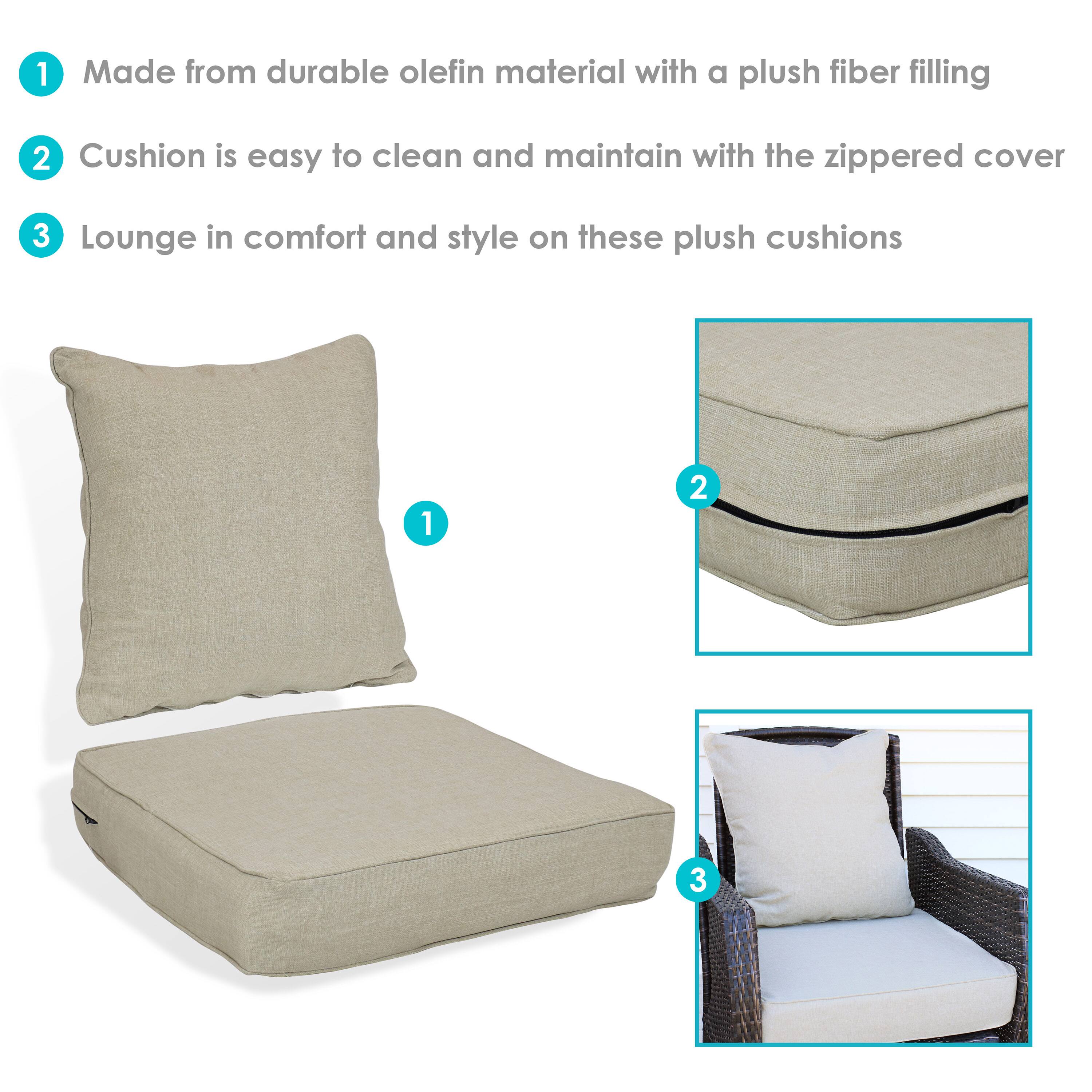 1. Made from durable olefin material with a plush fiber filling  
2. Cushion is easy to clean and maintain with the zippered cover  
3. Lounge in comfort and style on these plush cushions