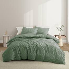 Peace Nest - Tufted Clipped Jacquard Geometric Duvet Cover & Pillowcase Set - Wave Green