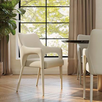 Front. POVISON - Modern Leather Dining Chairs with Arms Set of 2, Upholstered Dining Chairs, Accent Chairs for Living Room, Beige - Beige.
