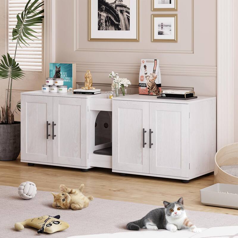 GARVEE - 55" Double Litter Box Enclosure Furniture for 2 Cats,TV Stand，Cabinet Buckles & Storage Grooves,Suitable for living room - White