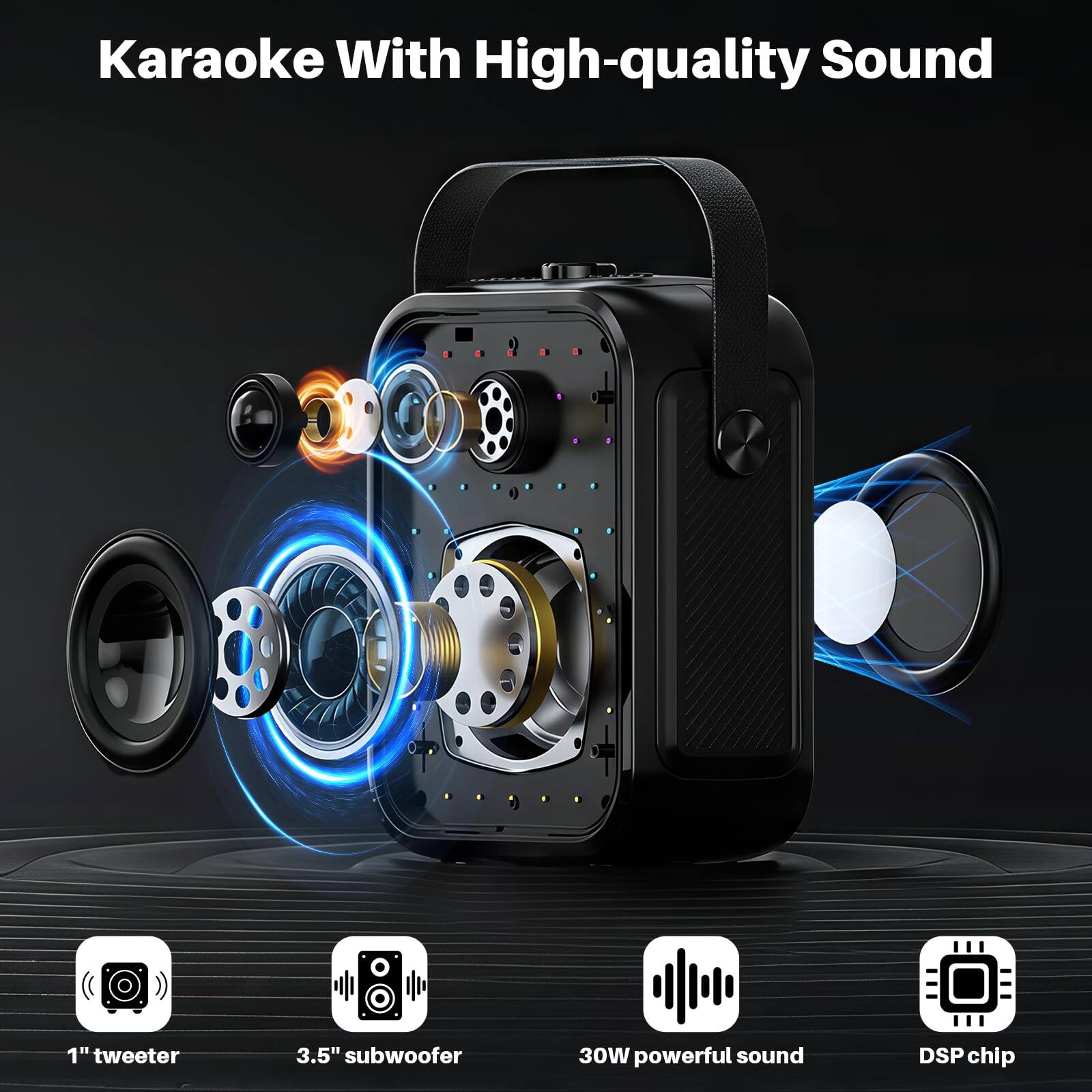 Karaoke With High-quality Sound

1" tweeter  
3.5" subwoofer  
30W powerful sound  
DSP chip