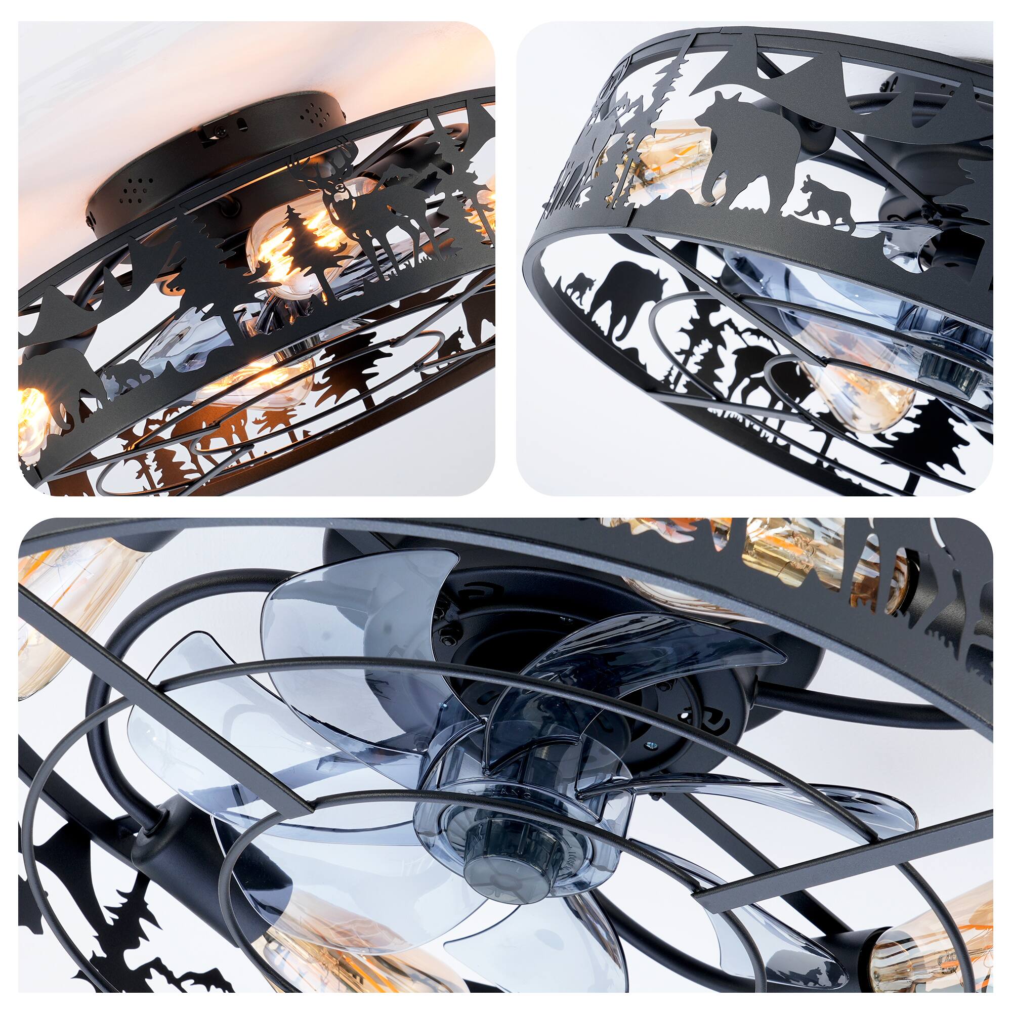 Alt View 4. Sofucor - Farmhouse Ceiling Fans w/ Light Remote Flush Mount Rustic Ceiling Fan Boho Bladeless Country Caged Ceiling Light Fixture - Matte Black 1.