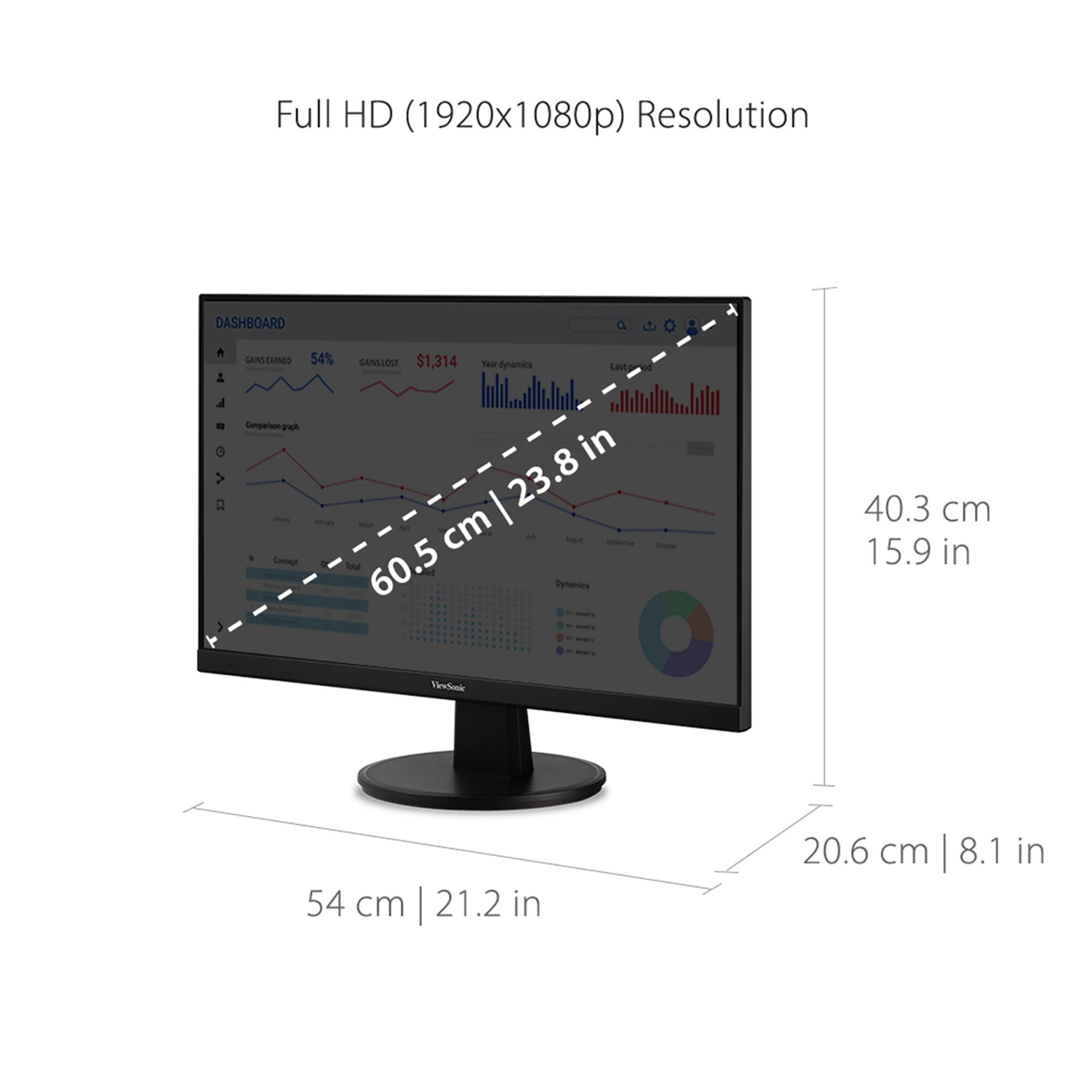 Full HD (1920x1080p) Resolution

- DASHBOARD
  - GAMES WON: 54%
  - GAMES LOST: $1,314
  - Year dynamics
  - Comparison graph

- 60.5 cm | 23.8 in
- 40.3 cm | 15.9 in
- 54 cm | 21.2 in
- 20.6 cm | 8.1 in