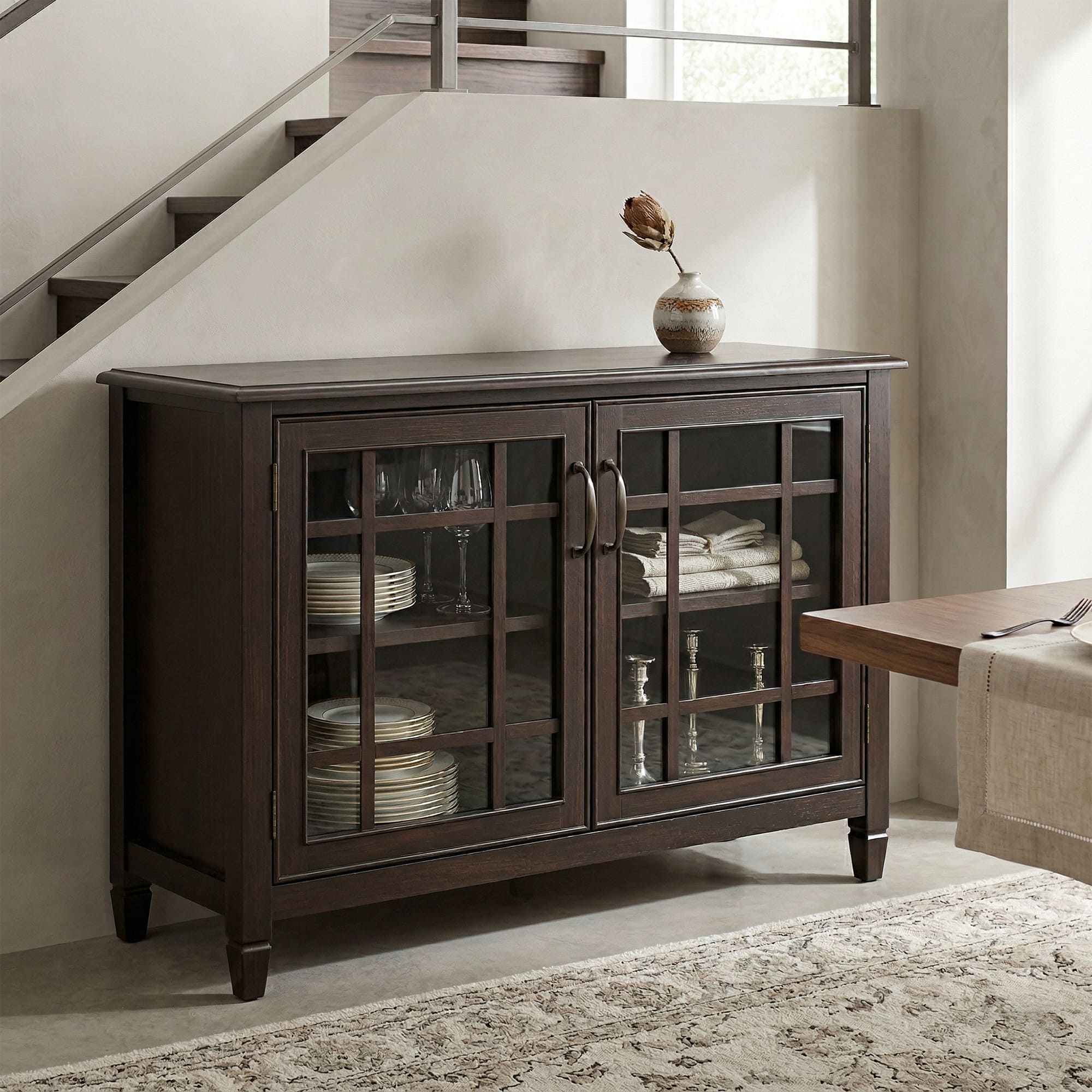 Front. Simpli Home - Connaught Solid Wood 46 inch Wide Traditional Low Storage Cabinet - Dark Chestnut Brown.