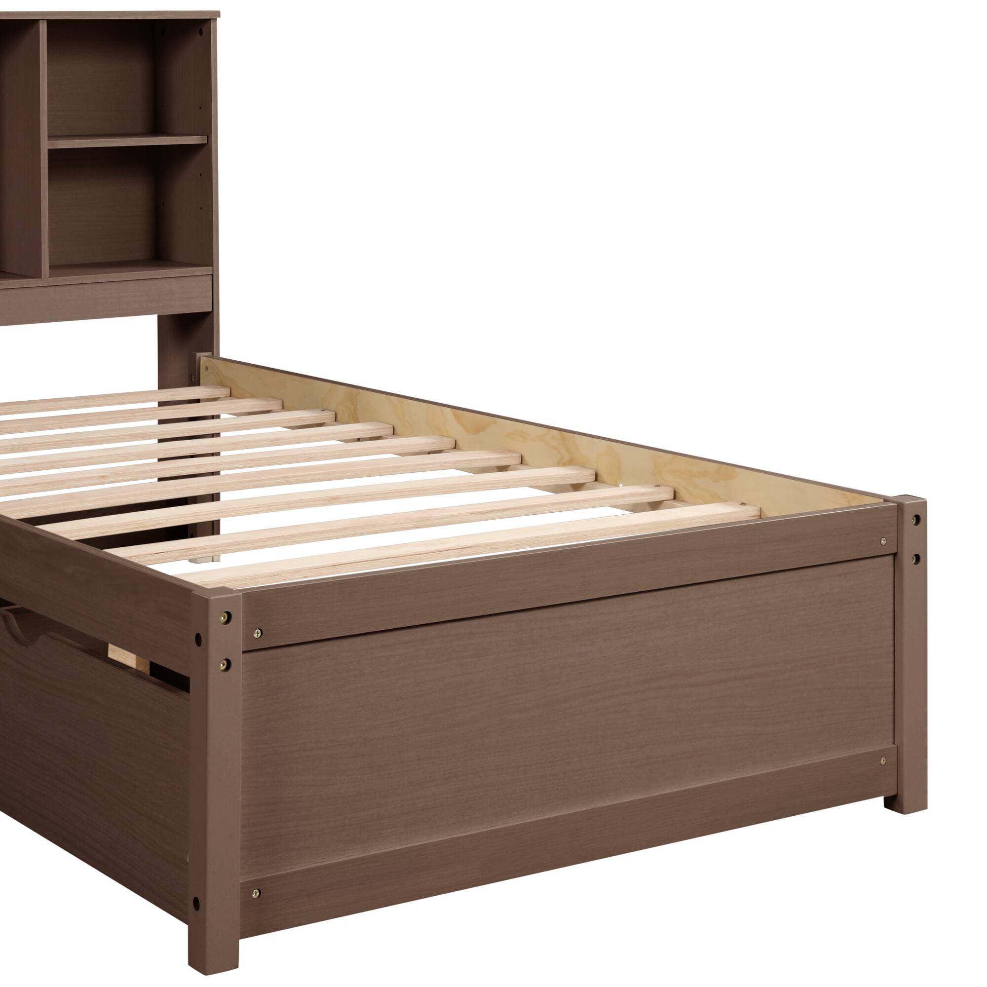 Alt View 9. GOODSILO - Contemporary Twin Size Bed Frame with USB Charging Port, Bookcase Headboard, and Underbed Storage Drawers - Walnut.