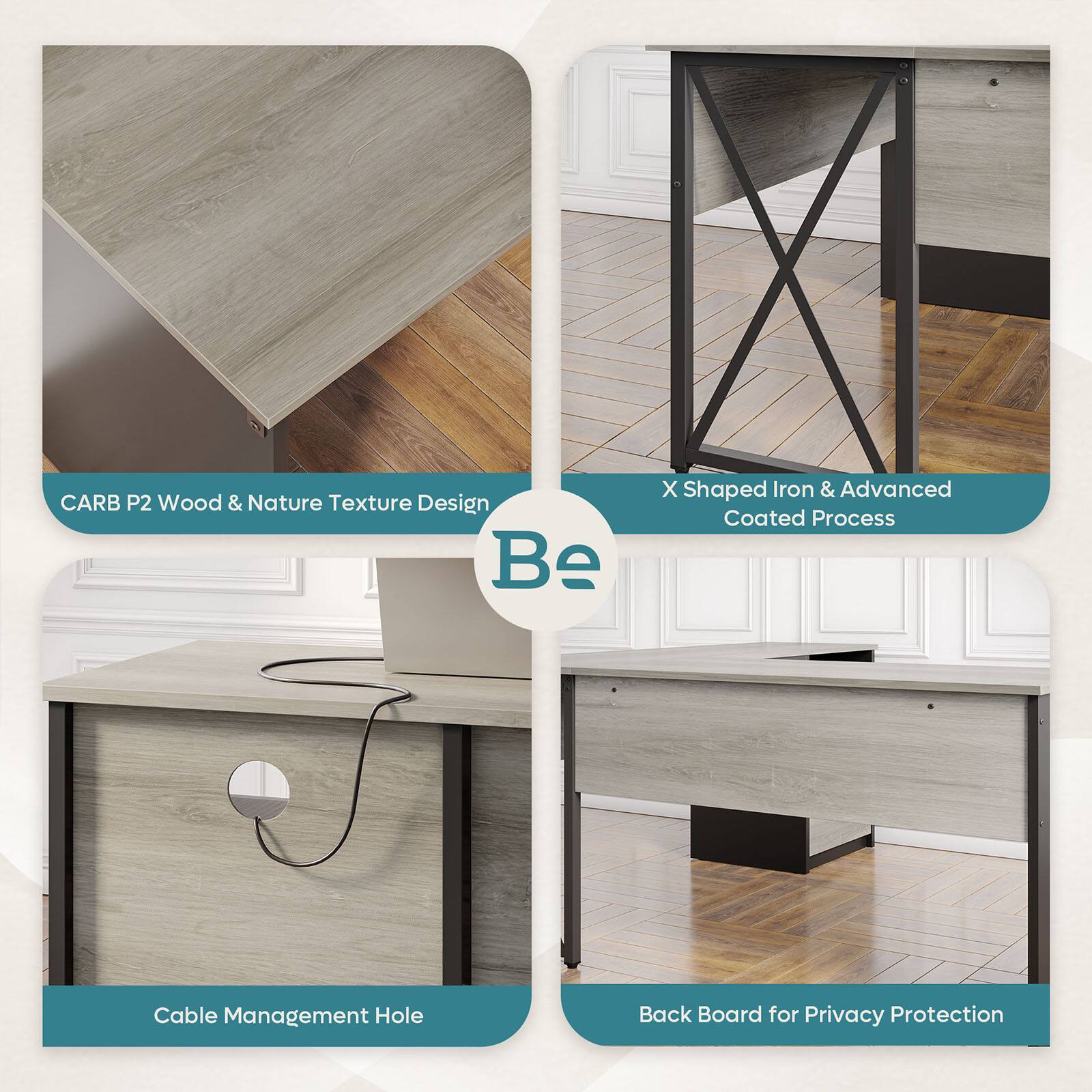 The text on the image can be grouped and corrected as follows:

1. CARB P2 Wood & Nature Texture Design: This image showcases the wooden and natural texture design of the desk.
2. X Shaped Iron & Advanced Coated Process: This image highlights the iron and advanced coated process used in the desk's construction.
3. Cable Management Hole: This image focuses on the cable management hole in the desk, which helps keep cables organized and tidy.
4. Back Board for Privacy Protection: This image showcases the back board of the desk, which can be used to provide privacy protection in the workspace.