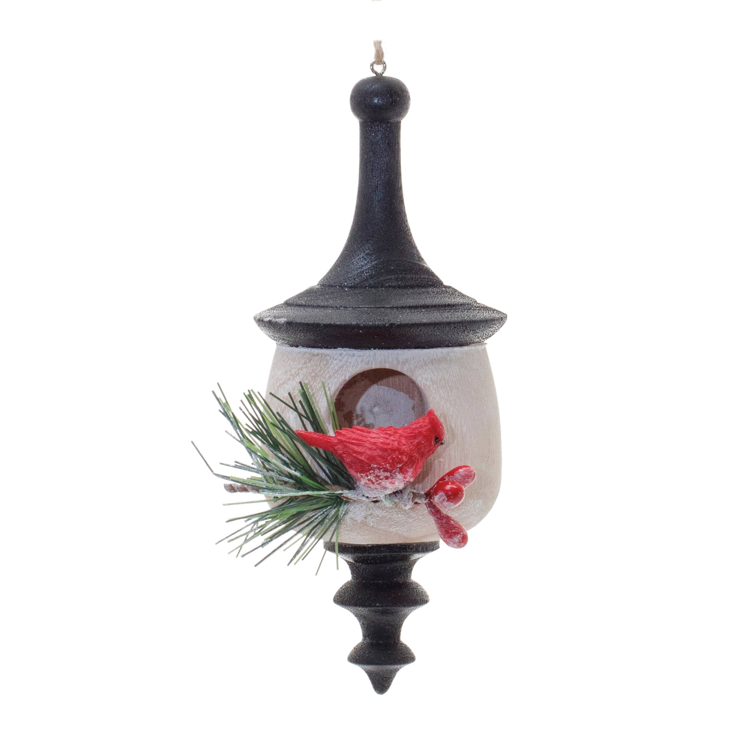 Left. BreeBe - Wood Finial Birdhouse with Cardinal Ornament (Set of 6) - White, Red, Black.