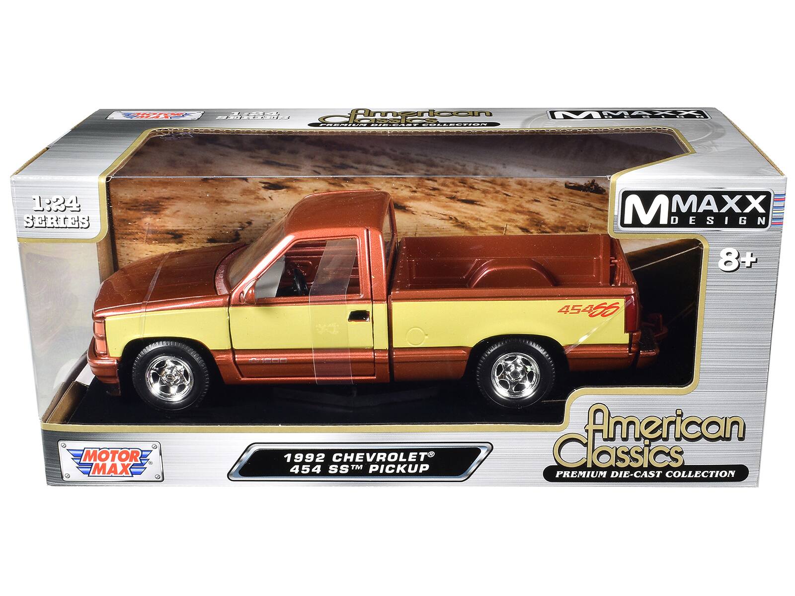 Sure, here is the corrected and grouped text from the image:

---

**Front:**

- **MOTOR MAX**
- **1:24 SERIES**
- **M MAXX DESIGN**
- **8+**
- **American Classics**
- **PREMIUM DIE-CAST COLLECTION**
- **1992 CHEVROLET 454 SS™ PICKUP**

**Side:**

- **M MAXX DESIGN**
- **8+**
- **American Classics**
- **PREMIUM DIE-CAST COLLECTION**

**Back:**

- **MOTOR MAX**
- **1:24 SERIES**
- **M MAXX DESIGN**
- **8+**
- **American Classics**
- **PREMIUM DIE-CAST COLLECTION**
- **1992 CHEVROLET 454 SS™ PICKUP**

---

This text is organized based on the visible parts of the packaging.