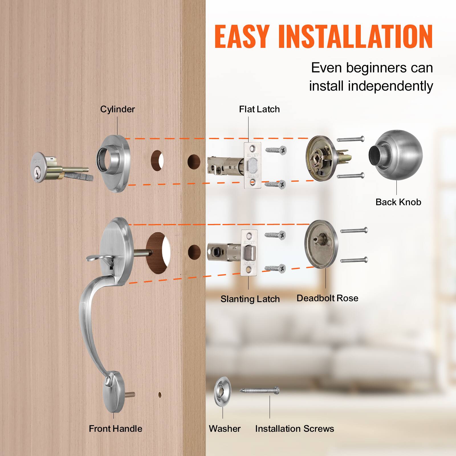 EASY INSTALLATION, Cylinder, Flat Latch, Back Knob, Slanting Latch, Deadbolt Rose, Front Handle, Washer, Installation Screws