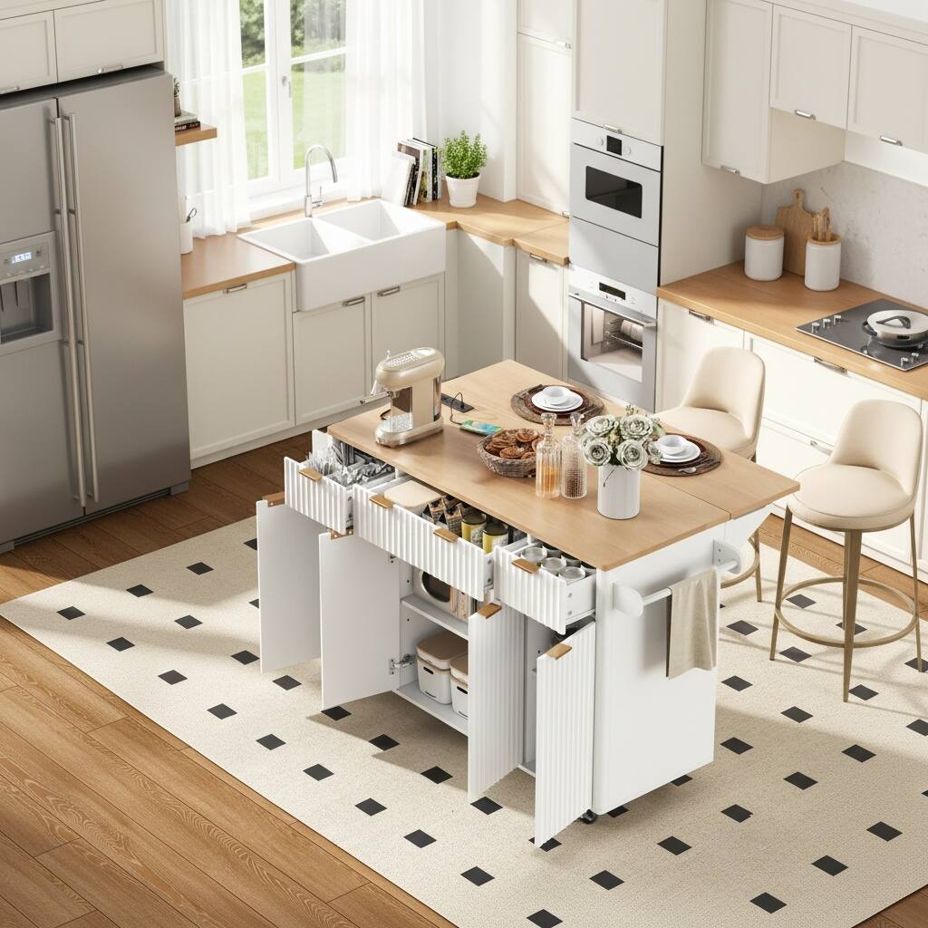 Forest'nSky - 55.5 inch Fluted Kitchen Island with 4 Doors and 3 Drawers, Rolling Storage Cart with Wood-Grain Top - White