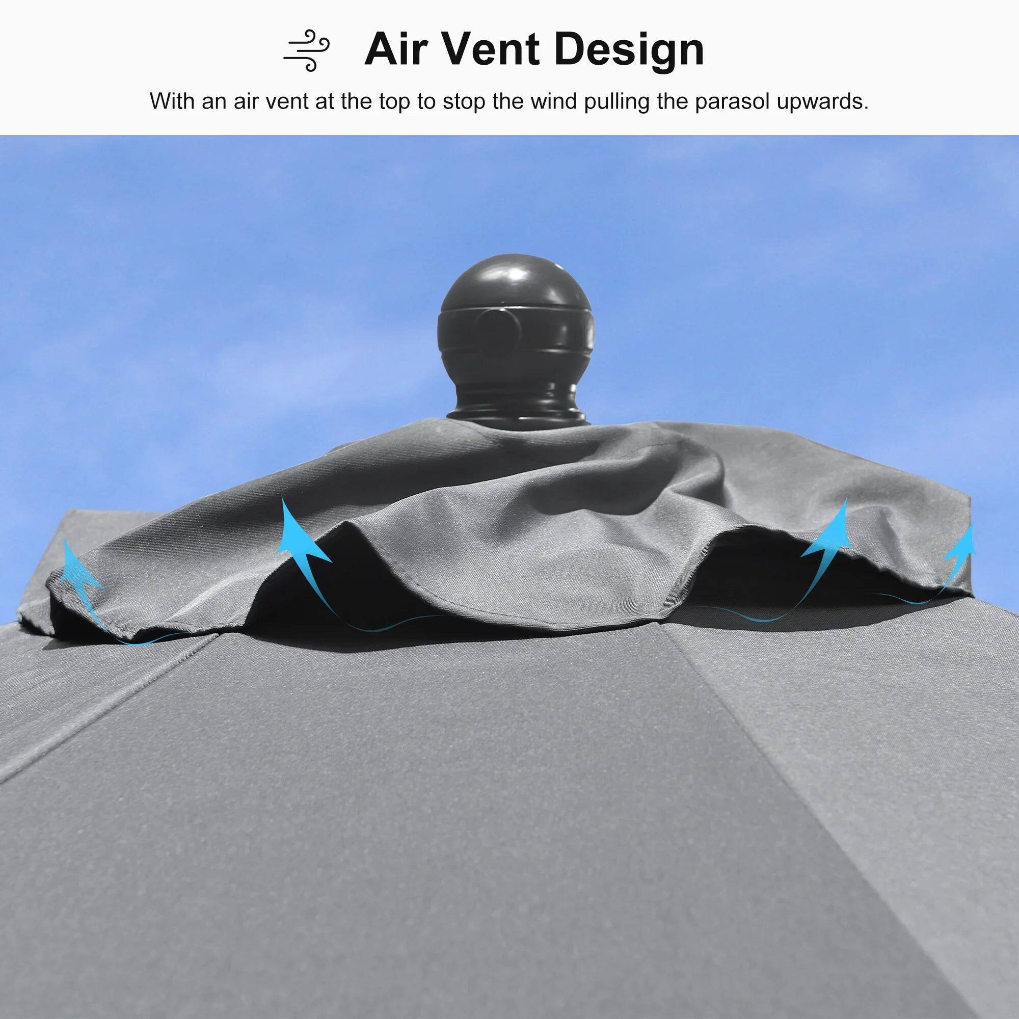 Air Vent Design

With an air vent at the top to stop the wind pulling the parasol upwards.