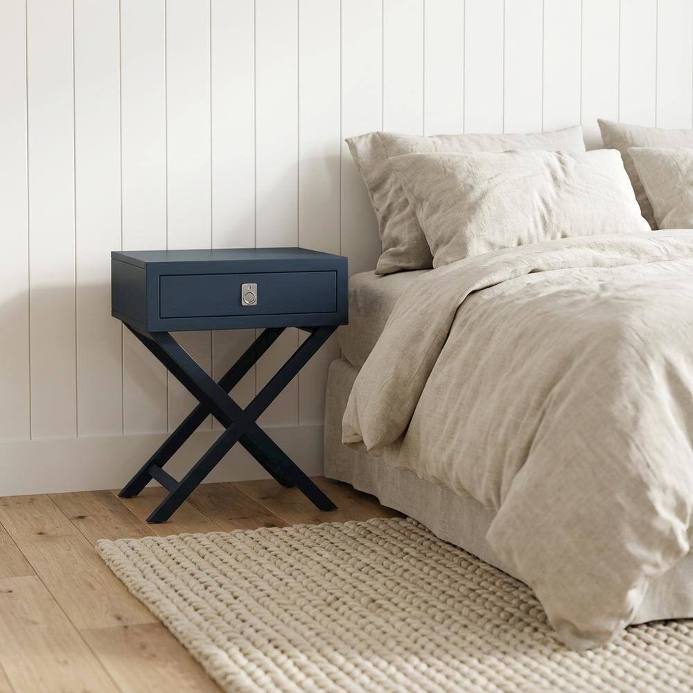 Alt View 2. FurniFact - Navy Blue Nightstand with Modern Design and Durable Construction - Brown.