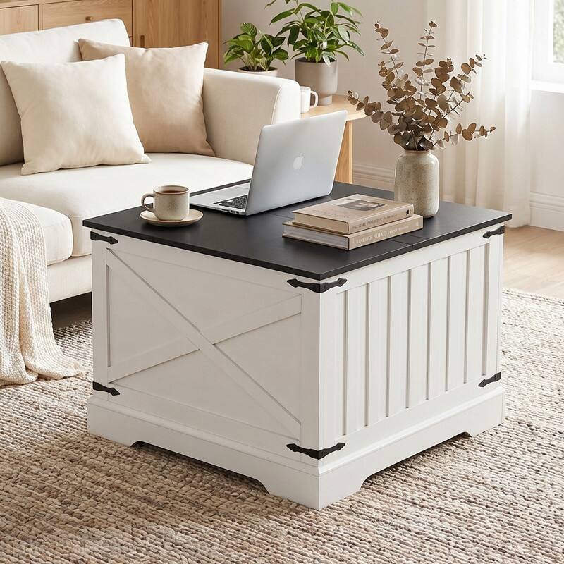 Angle. WELLFOR - 31.5 " Farmhouse Lift Top Coffee Table  with Large Hidden Storage, Square Wood Center Table for Living Room - Black.