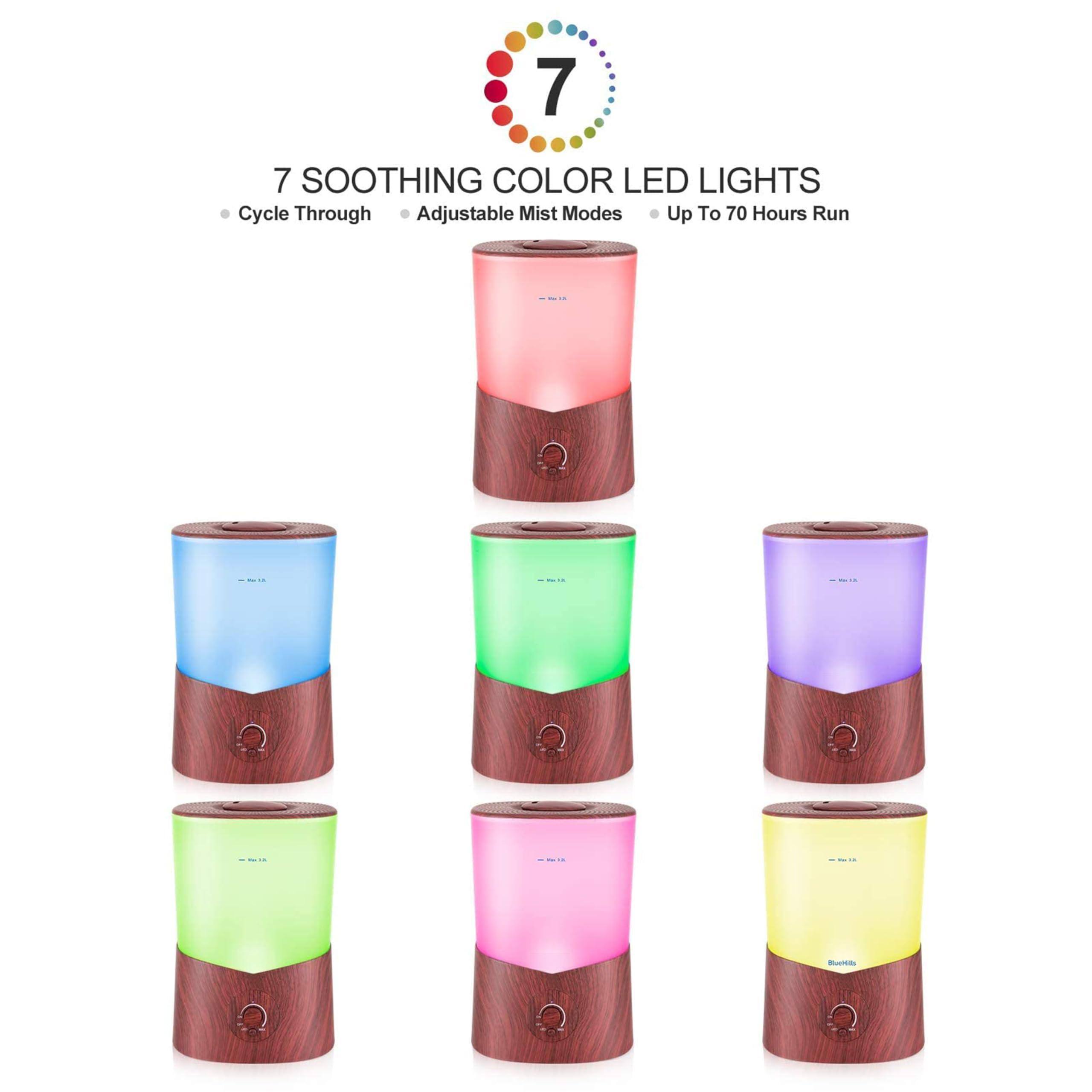 7 SOOTHING COLOR LED LIGHTS  
Cycle Through Adjustable Mist Modes Up To 70 Hours Run