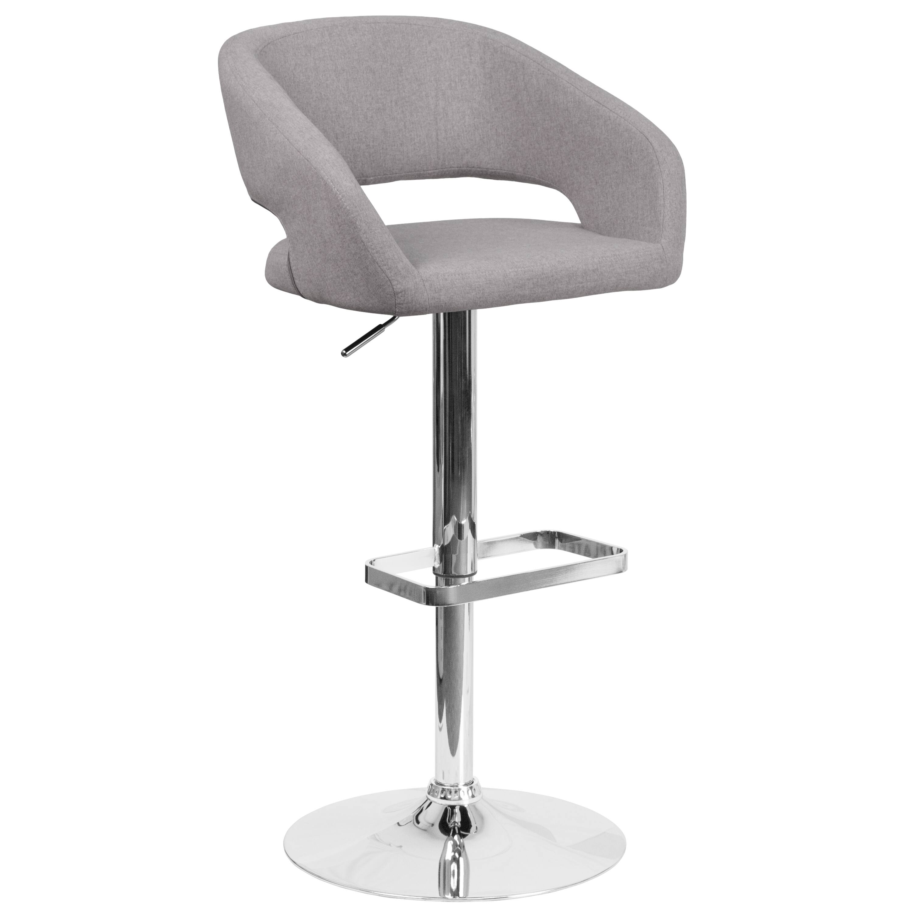 Alt View 1. Emma + Oliver - Shae Contemporary Upholstered Adjustable Height Barstool with Rounded, Cutout Mid-Back and Pedestal Base - Gray Fabric/Chrome Frame.