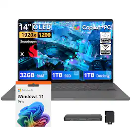 ASUS - Upgraded - Zenbook A14 14" WUXGA Copilot+ PC Laptop,Snapdragon X,32GB RAM,1TB SSD+1TB Dock Set,Backlit,Win 11 Pro - Iceland Gray