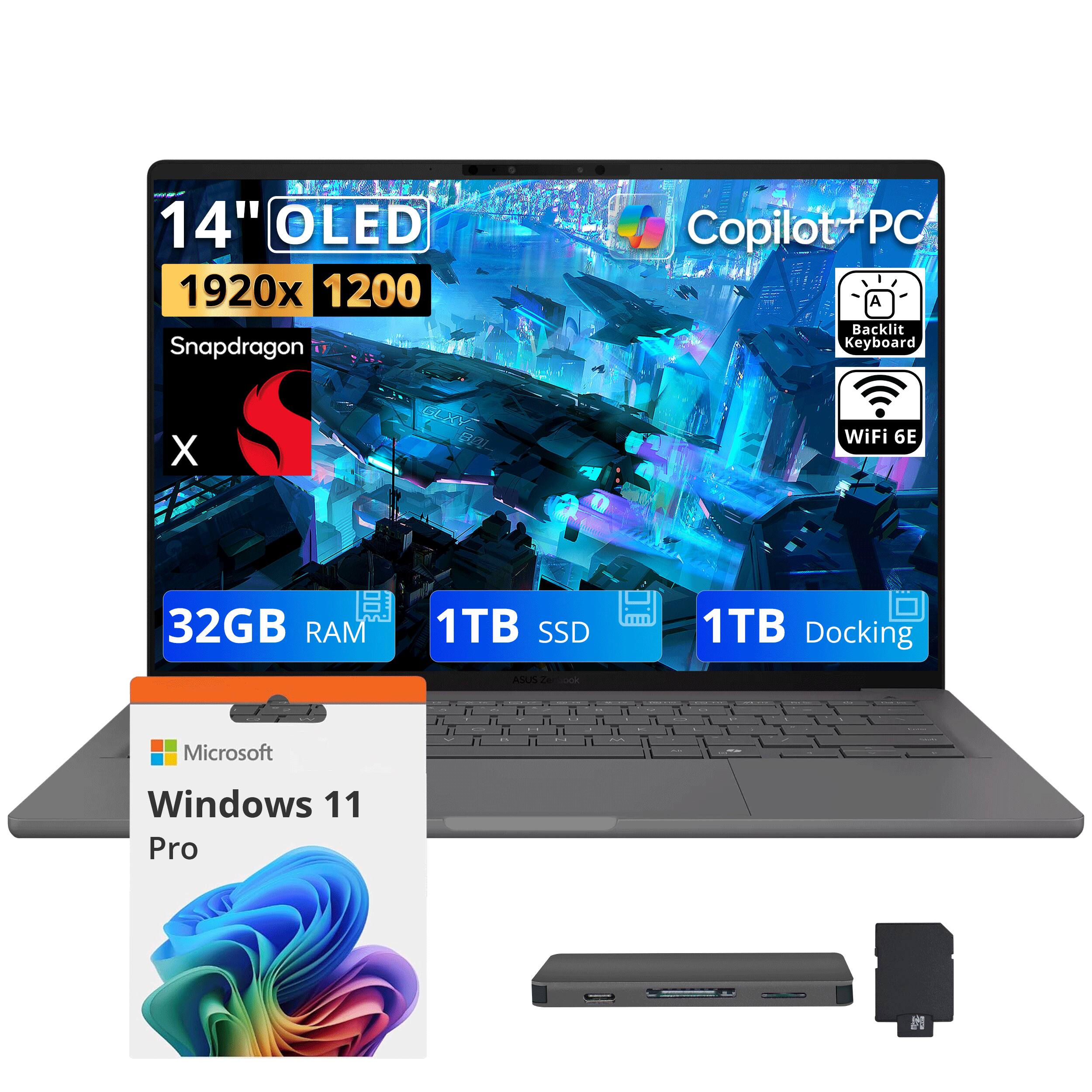 ASUS - Upgraded - Zenbook A14 14" WUXGA Copilot+ PC Laptop,Snapdragon X,32GB RAM,1TB SSD+1TB Dock Set,Backlit,Win 11 Pro - Iceland Gray