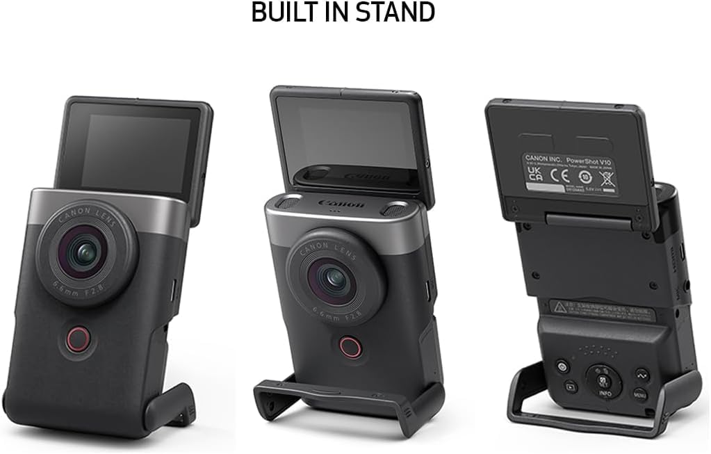 BUILT IN STAND

CANON INC. PowerShot V10
UK CA CE

CANON LENS
6.6mm F2.8

CANON LENS
6.6mm F2.8