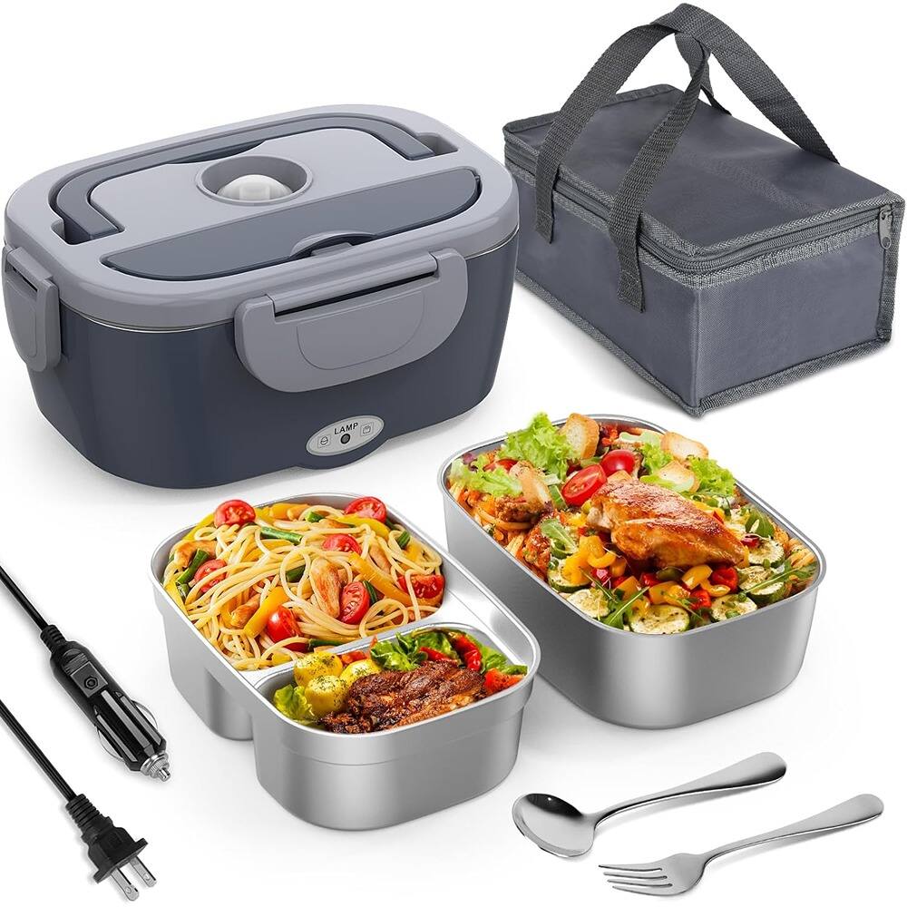 Front. RTMB - Electric Lunch Box – 1.5L Dual Stainless Steel, 80W Heating, Gray - gray.