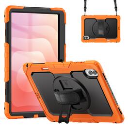 Dteck - For Samsung Galaxy Tab S12 Ultra/S11 Ultra Shockproof Three-Layer Stand Shoulder Strap Case Built-in Screen Protector - Orange
