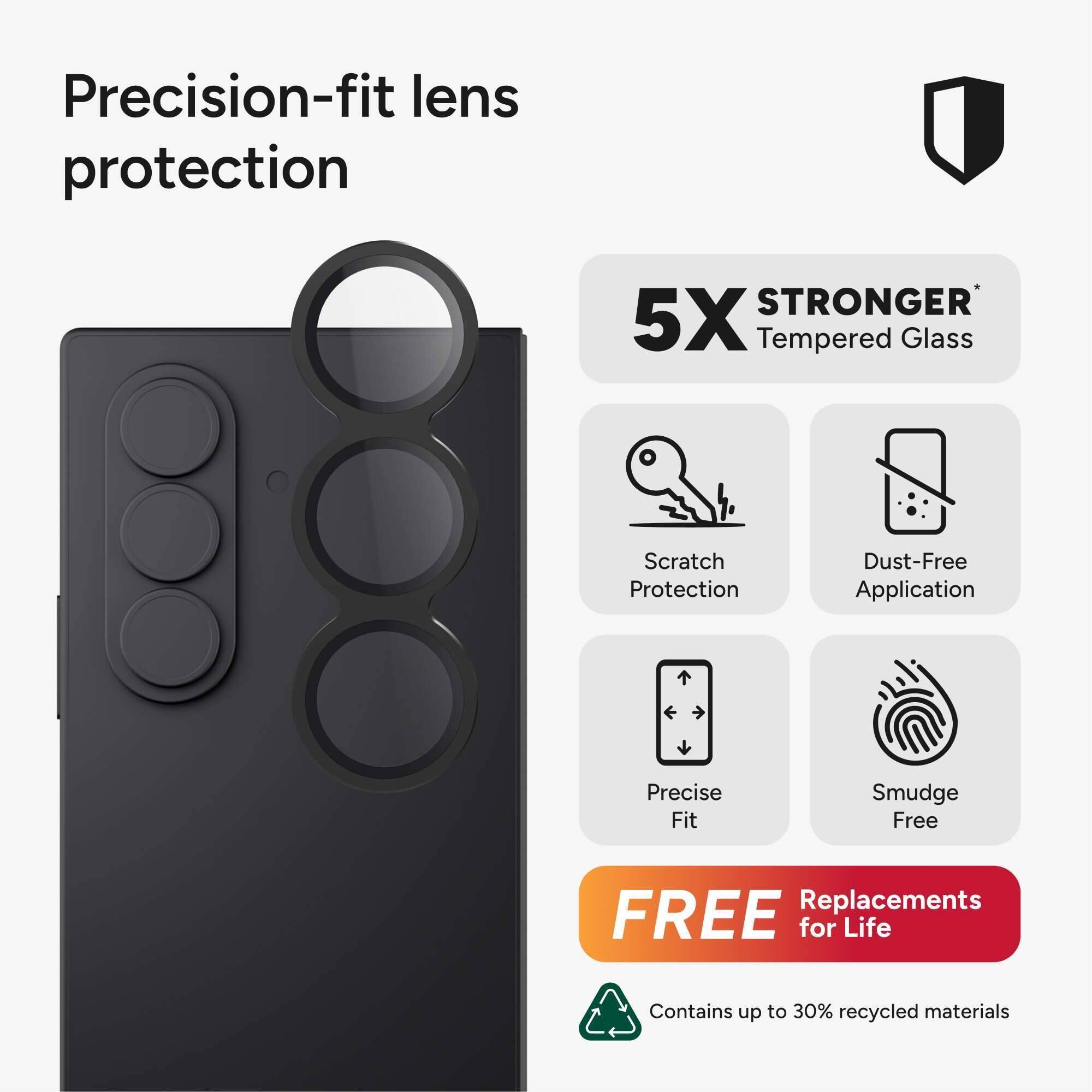 Precision-fit lens protection

5X STRONGER* Tempered Glass

- Scratch Protection
- Dust-Free Application
- Precise Fit
- Smudge Free

FREE Replacements for Life

Contains up to 30% recycled materials