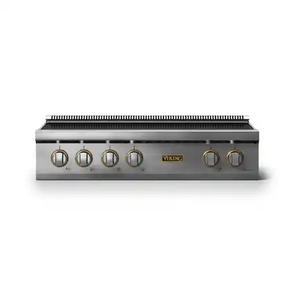 Front. Viking - 36 in. Wide 6 Element Electric Rangetop - Stainless Steel w/Brushed Brass - Stainless Steel.