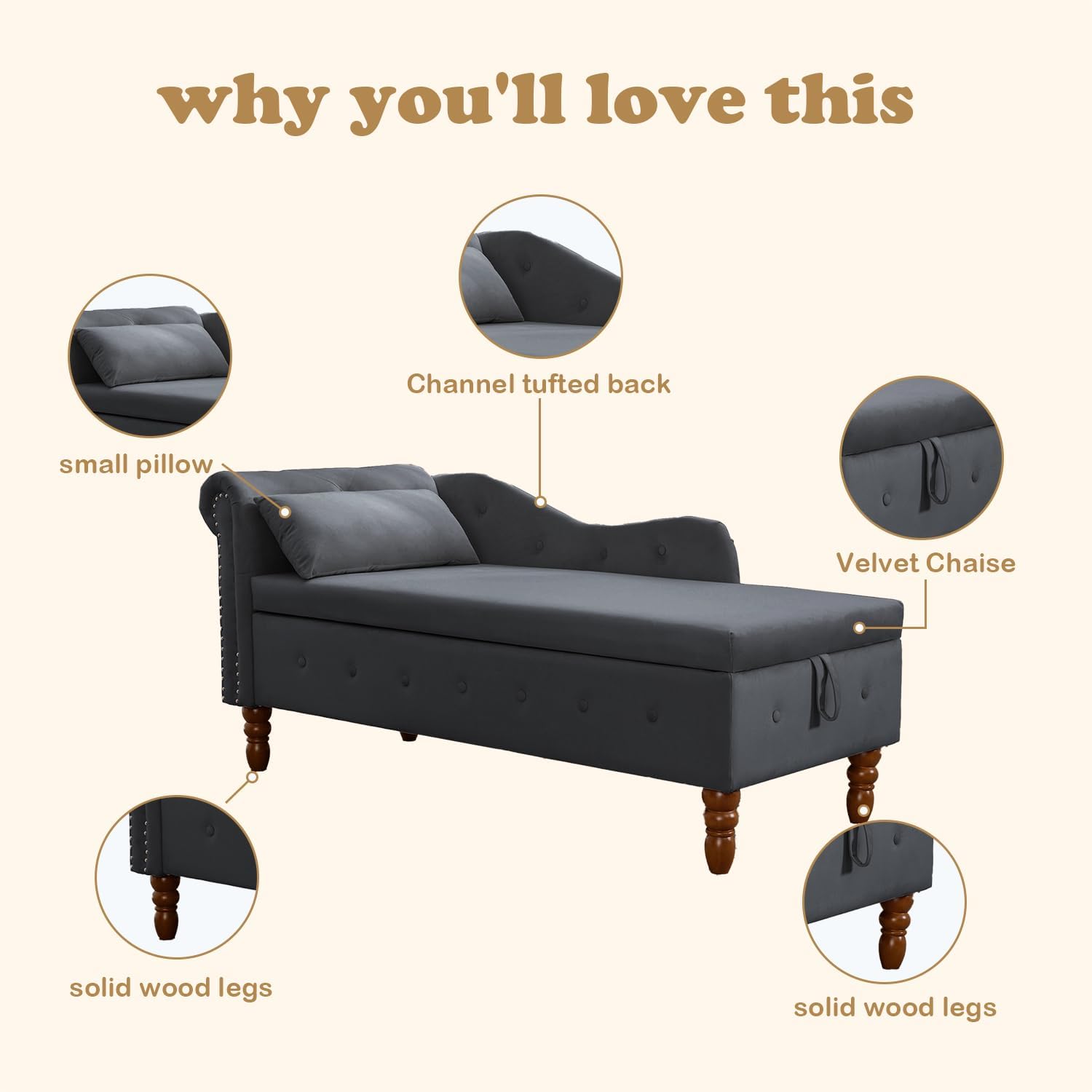 why you'll love this  
- Channel tufted back  
- small pillow  
- Velvet Chaise  
- solid wood legs  
- solid wood legs