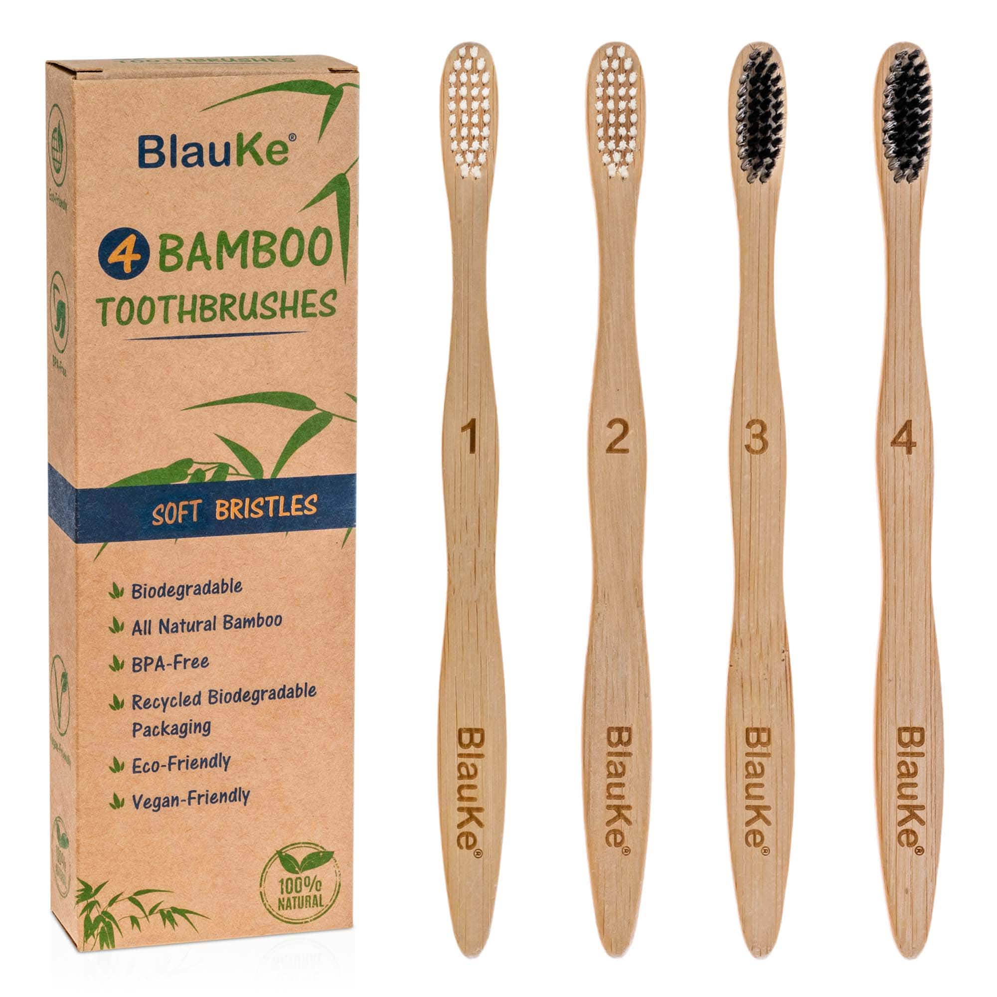 BlauKe - Bamboo Toothbrush Set 4-Pack - Bamboo Toothbrushes with Soft Bristles for Adults - Eco-Friendly Wooden Toothbrushes - Brown