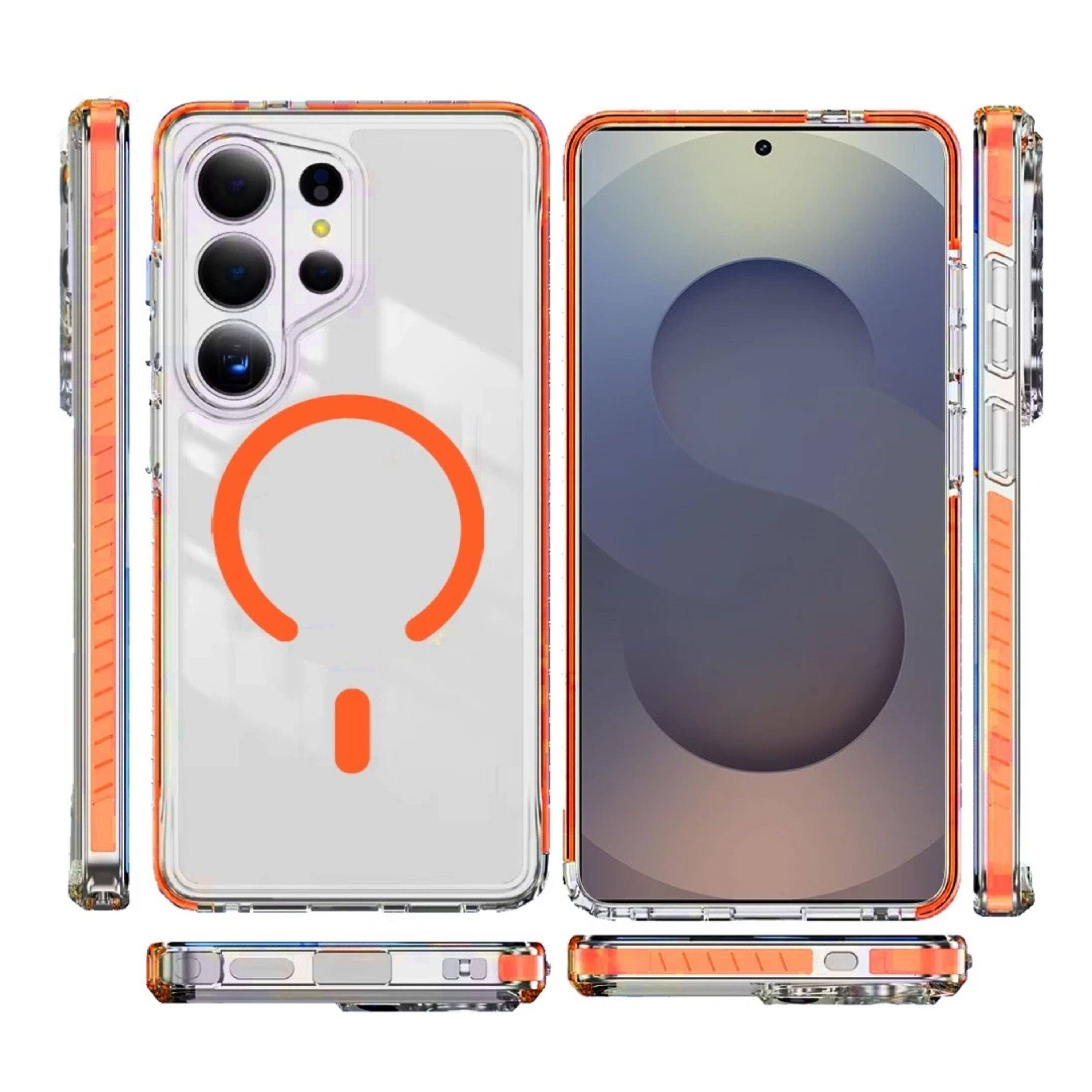 Left. Kitcheniva - Color Edge Trim Magnetic Circle With Tempered Glass For Samsung Galaxy S25 Ultra - Cosmic Orange.