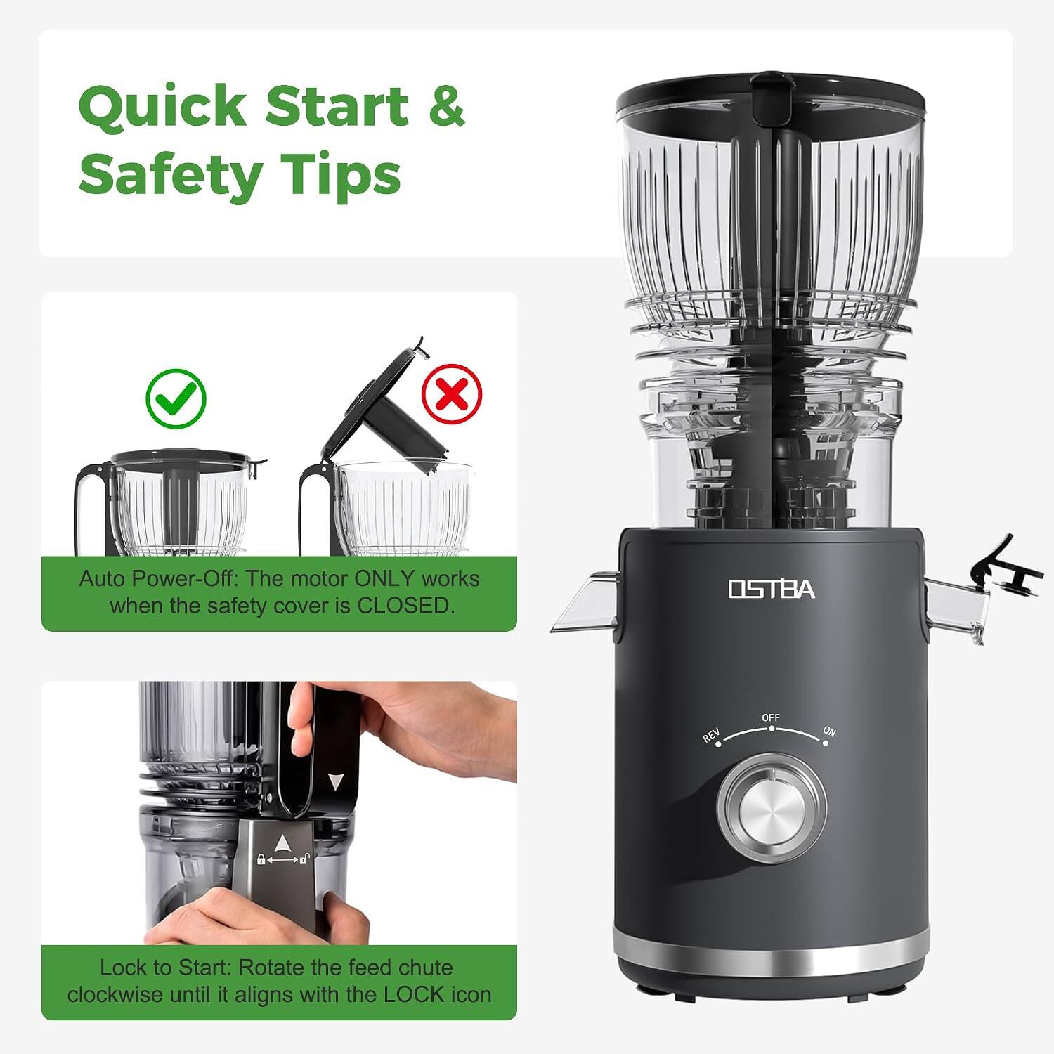 Quick Start & Safety Tips

Auto Power-Off: The motor ONLY works when the safety cover is CLOSED.

Lock to Start: Rotate the feed chute clockwise until it aligns with the LOCK icon