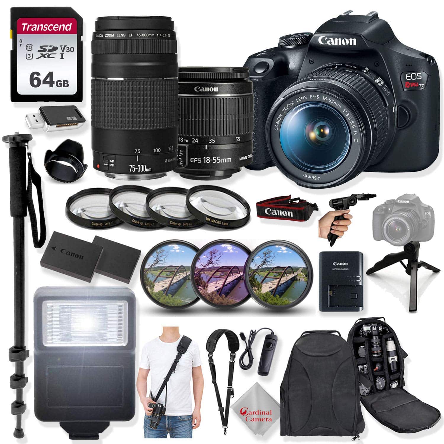 Bundle - Canon - EOS Rebel T7 DSLR Camera Kit with 18-55mm IS II and 75-300mm III Lenses, 32GB SDHC and Accessory - Black