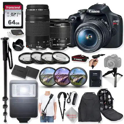 Transcend 64GB SDXC U3 V30
Canon EF-S 18-55mm f/3.5-5.6 IS STM Lens
Canon EF-S 75-300mm f/4-5.6 IS USM Lens
Canon EOS Rebel T
Canon Speedlite
Canon Lens Hood
Canon Lens Cap
Canon Camera Bag
Canon Tripod
Canon Flash
Canon Camera Strap
Canon Camera Cleaning Kit
Canon Camera Remote
Canon Camera Lens Filters
Canon Camera Lens Adapter
Canon Camera Lens Extension Tube
Canon Camera Lens Macro
Canon Camera Lens Teleconverter
Canon Camera Lens Close-up
Canon Camera Lens UV
Canon Camera Lens Polarizing
Canon Camera Lens CPL
Canon Camera Lens ND
Canon Camera Lens Grad
Canon Camera Lens Star
Canon Camera Lens Fader
Canon Camera Lens Fader
Canon Camera Lens Fader
Canon Camera Lens Fader
Canon Camera Lens Fader
Canon Camera Lens Fader
Canon Camera Lens Fader
Canon Camera Lens Fader
Canon Camera Lens Fader
Canon Camera Lens Fader
Canon Camera Lens Fader
Canon Camera Lens Fader
Canon Camera Lens Fader
Canon Camera Lens Fader
Canon Camera Lens Fader