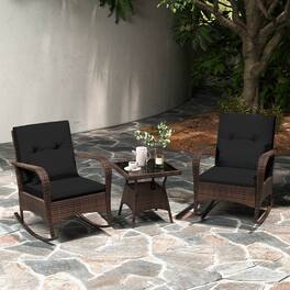 Costway - 3 PCS Rocking Bistro Set with Removable Cushions & Tempered Glass Top Coffee Table - Black