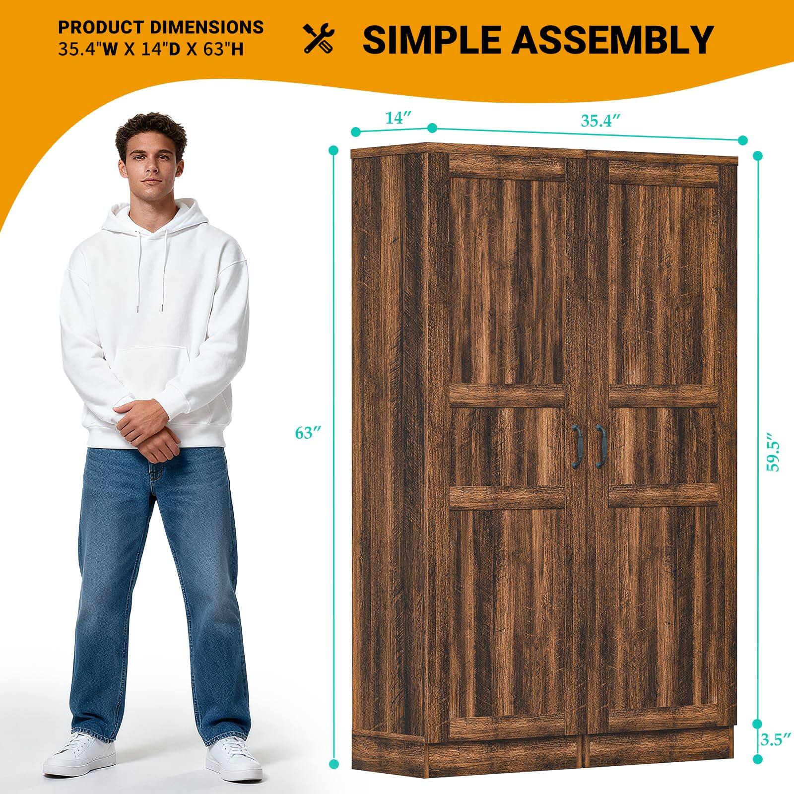 PRODUCT DIMENSIONS 35.4"W X 14"D X 63"H  
SIMPLE ASSEMBLY  
14"  
35.4"  
63"  
59.5"  
3.5"