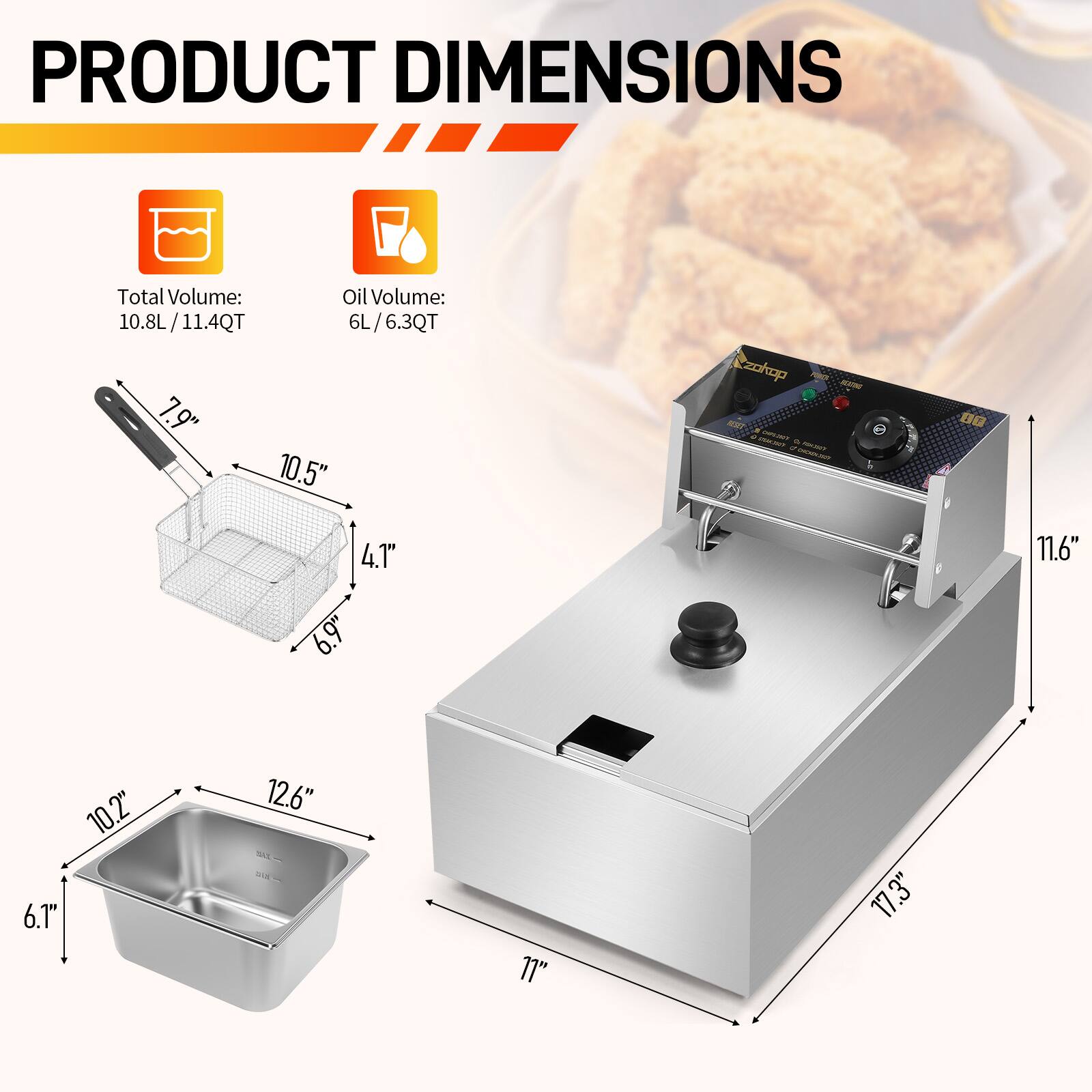 Winado - 11.4QT Electric Deep Fryer with Basket & Lid, 1700W Commercial Deep Fryer Stainless Steel French Fryer W/6.3QT/6LTank - Silver - Thumbnail 2