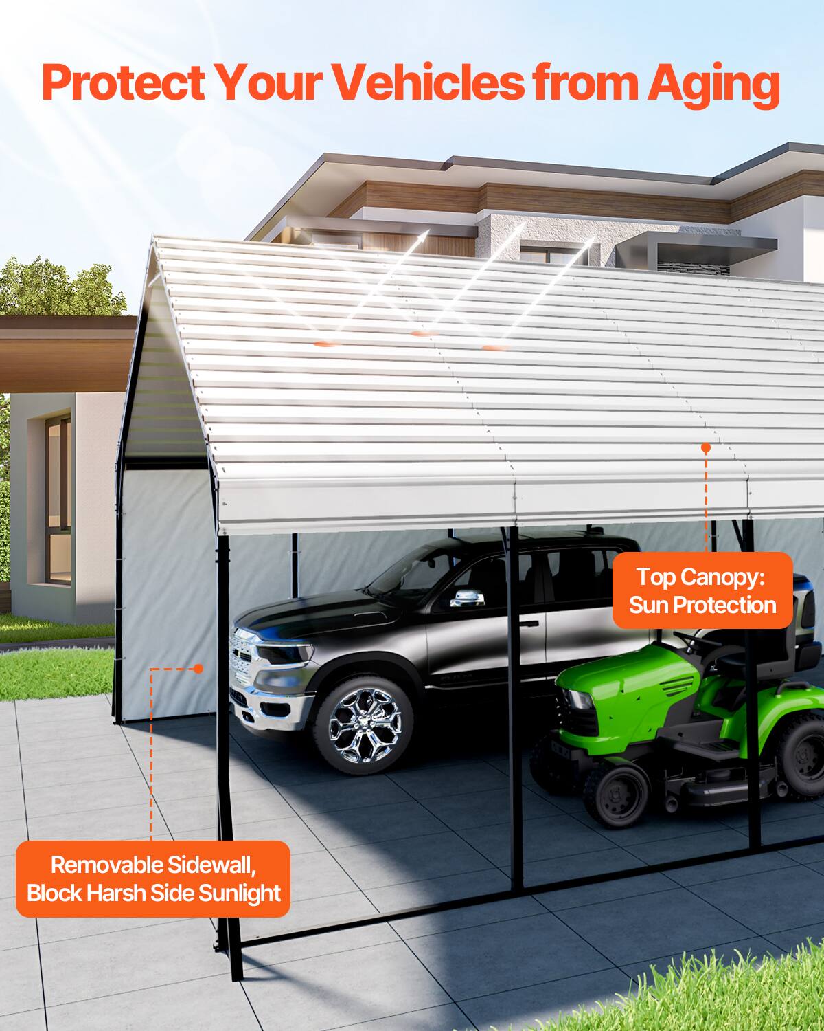 Protect Your Vehicles from Aging

Top Canopy: Sun Protection

Removable Sidewall, Block Harsh Side Sunlight