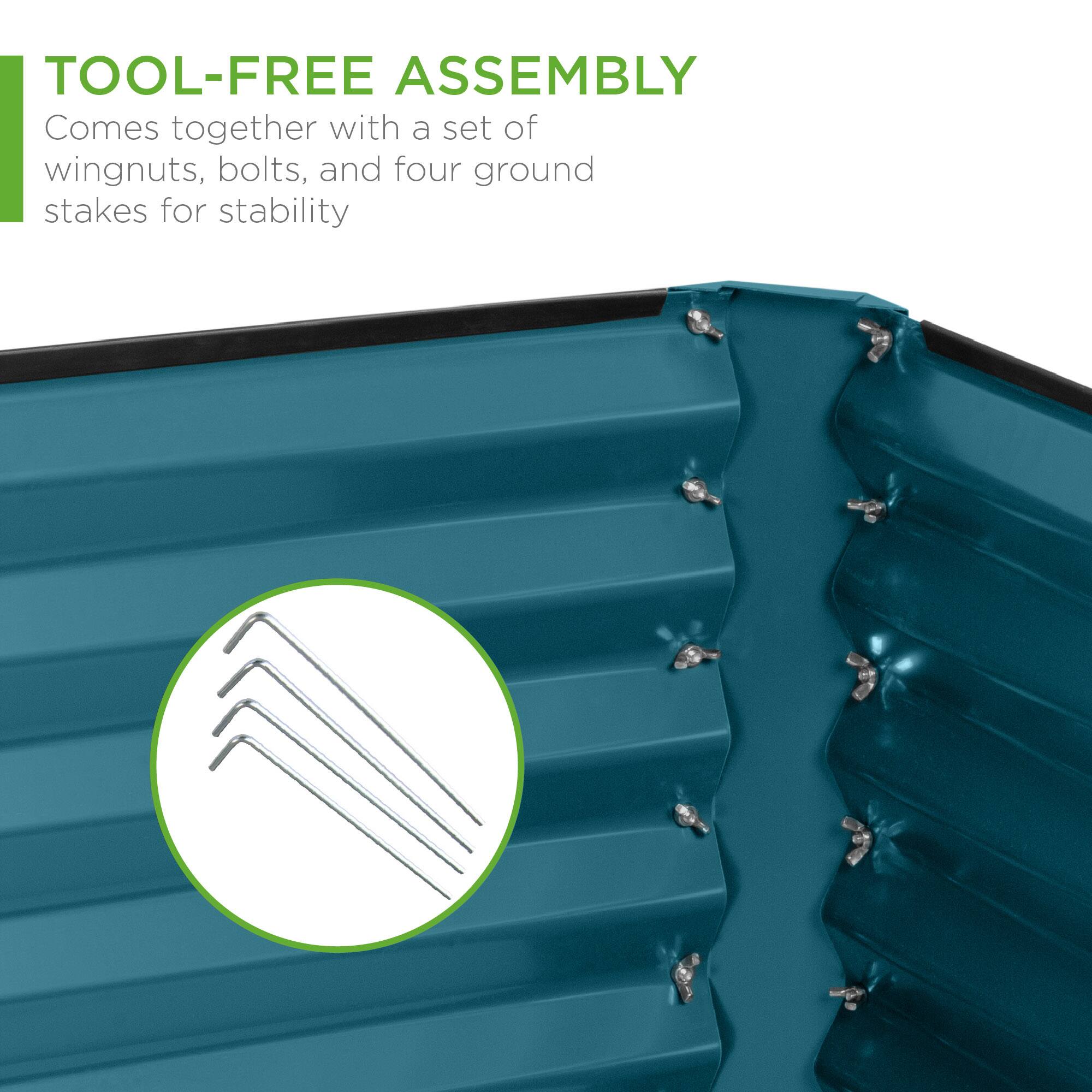 TOOL-FREE ASSEMBLY  
Comes together with a set of wingnuts, bolts, and four ground stakes for stability