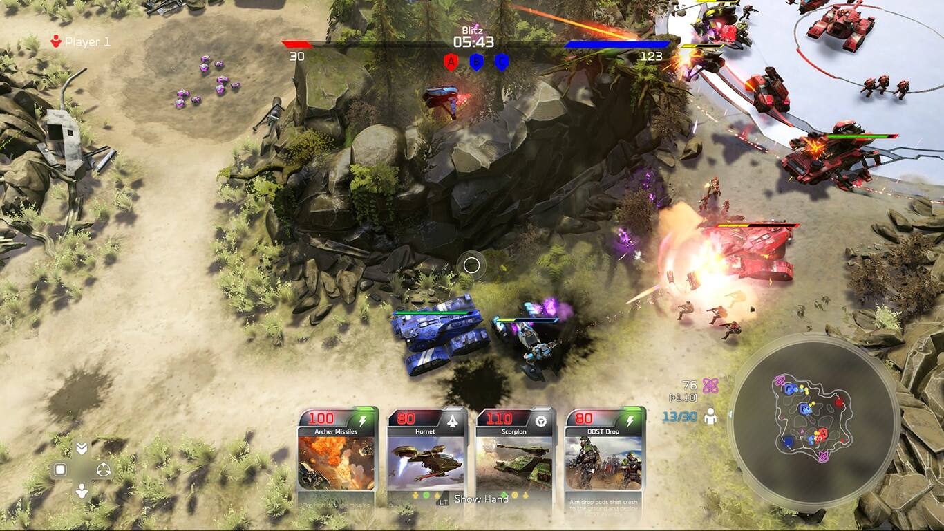 Player 1 has 30 Blitz, 05:43 remaining. They have 123, 100 Archer Missiles, 80 Hornet, 110 Scorpion, and 80 DOST Drop. The player has a total of 76 points.