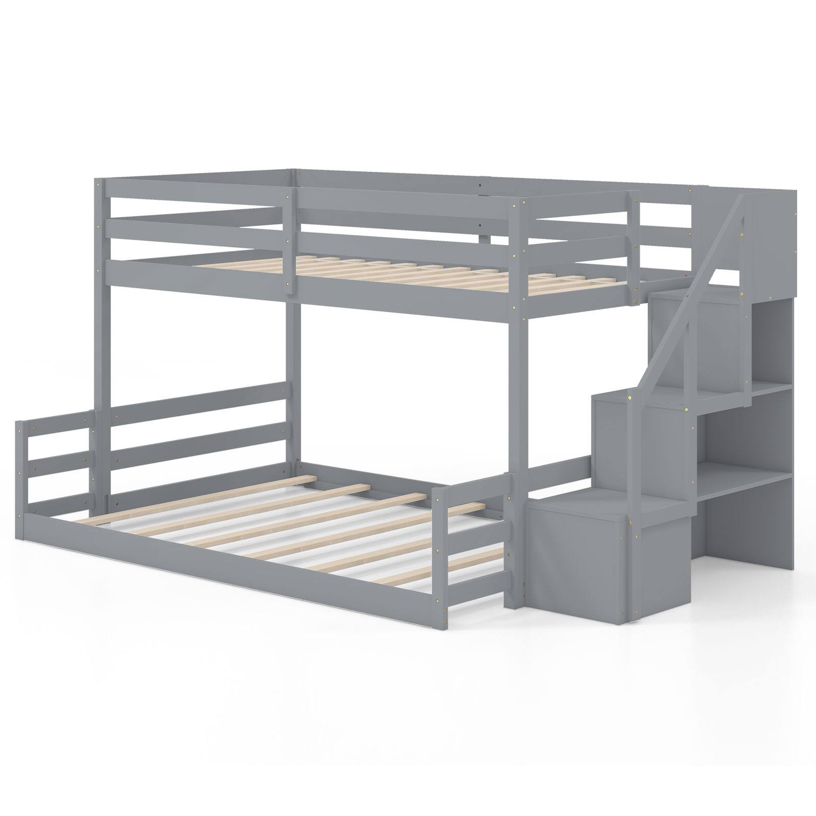 Alt View 9. Gymax - Gymax Twin Over Full Low Bunk Bed w/ Storage Stairs Full-length Guardrails - Gray.