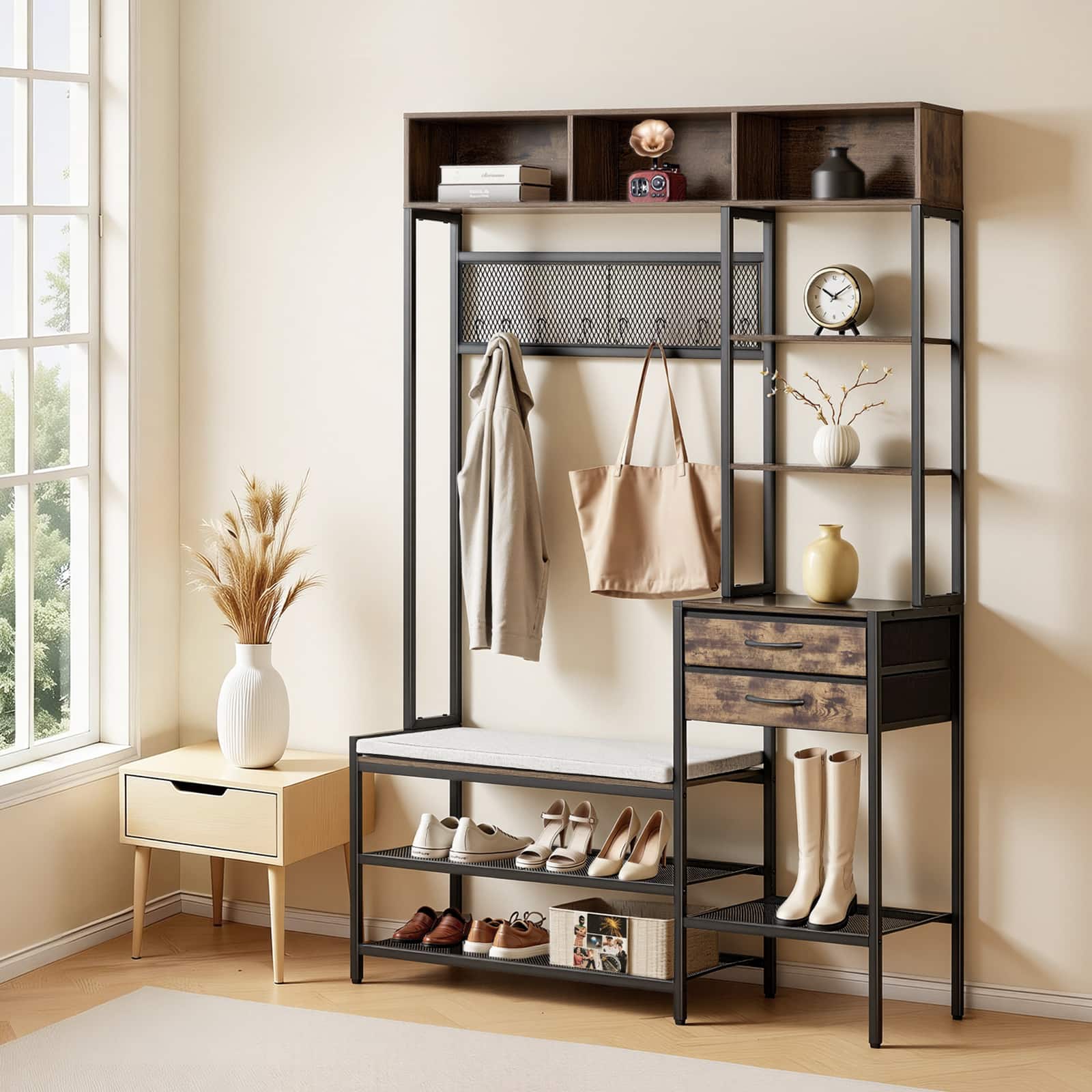 VEVOR - Hall Tree, 70.9 in Coat Rack with Shoe Bench & 2 Drawers, 3-in-1 Freestanding Shoe Rack Storage Organizer with Bookshelf - Brown