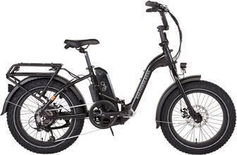 The text on the image reads "RADEXPAND 1 c BIKES POWER RAD." However, it is not clear what the actual brand or model of the bike is. The bike is a black and silver electric bicycle with a basket on the front.