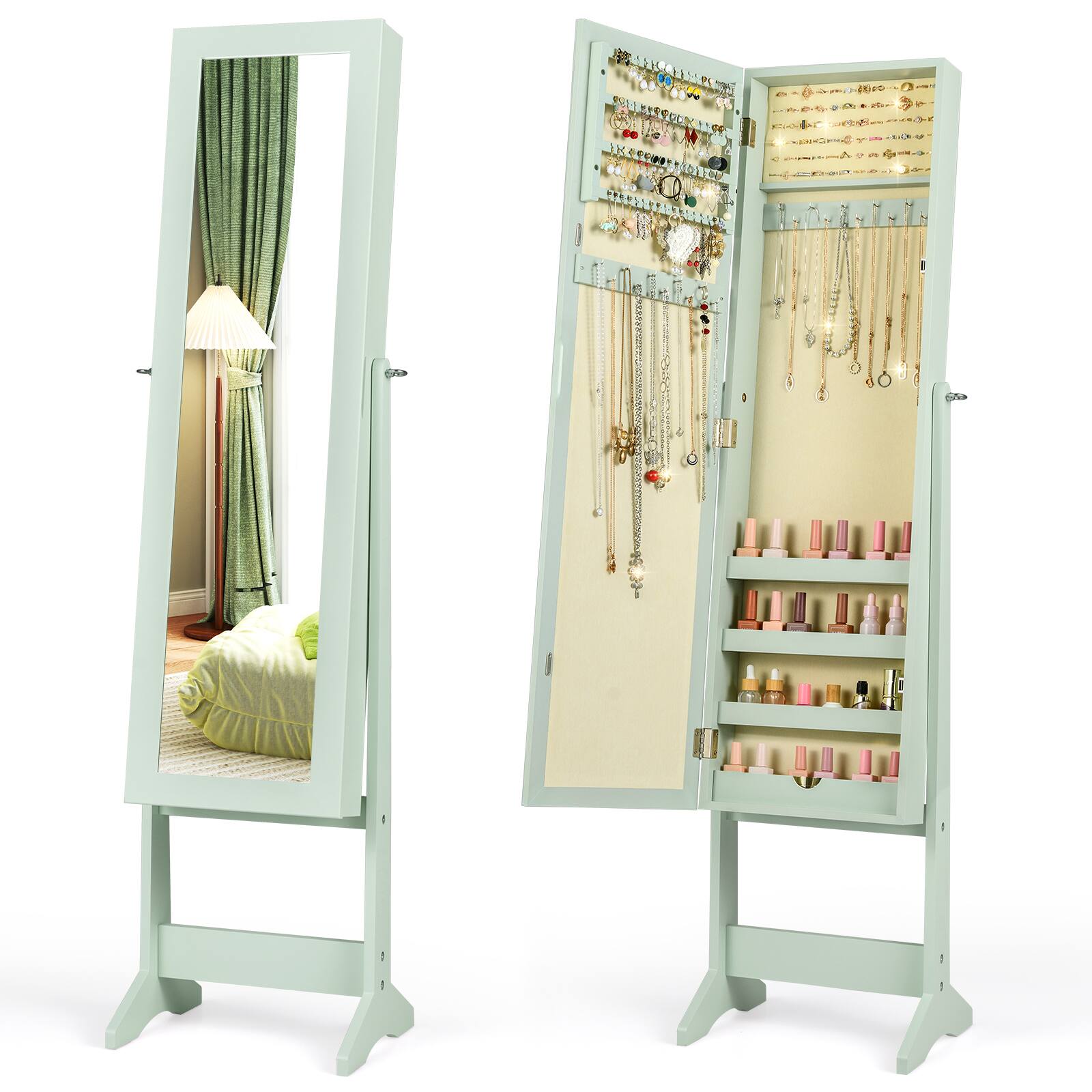 Costway - Jewelry Mirrored Cabinet Armoire Organizer Storage Box with Stand Christmas Gift - Green