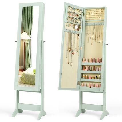Front. Costway - Costway Jewelry Mirrored Cabinet Armoire Organizer Storage Box with Stand Christmas Gift - Green.