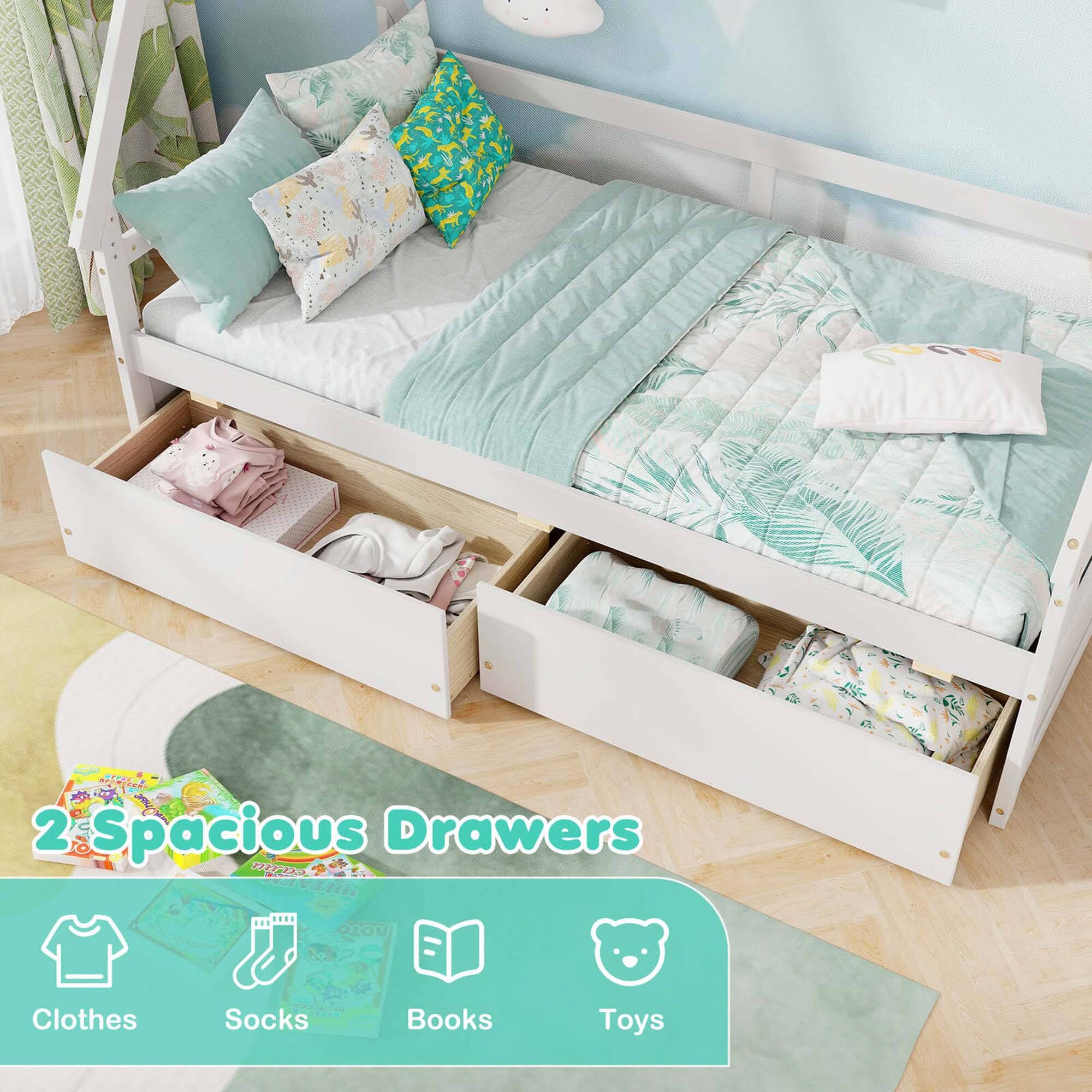 2 Spacious Drawers

Clothes  
Socks  
Books  
Toys