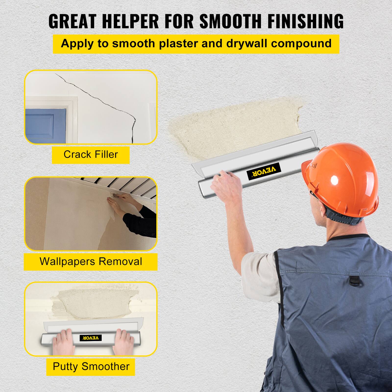 GREAT HELPER FOR SMOOTH FINISHING  
Apply to smooth plaster and drywall compound  

- Crack Filler  
- Wallpapers Removal  
- Putty Smoother